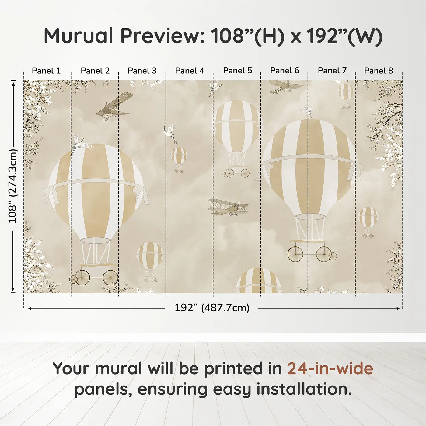 Whimsy Tots Vintage Sky Blossoms Wall Muraldimension view (108" H x 192" W). Printed in eight 24-inch-wide panels. Gender-Neutral