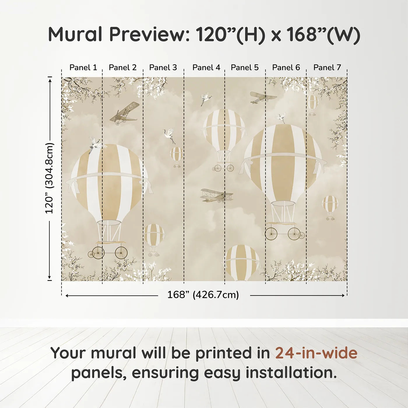 Whimsy Tots Vintage Sky Blossoms Wall Muraldimension view (120" H x 168" W). Printed in seven 24-inch-wide panels. Gender-Neutral