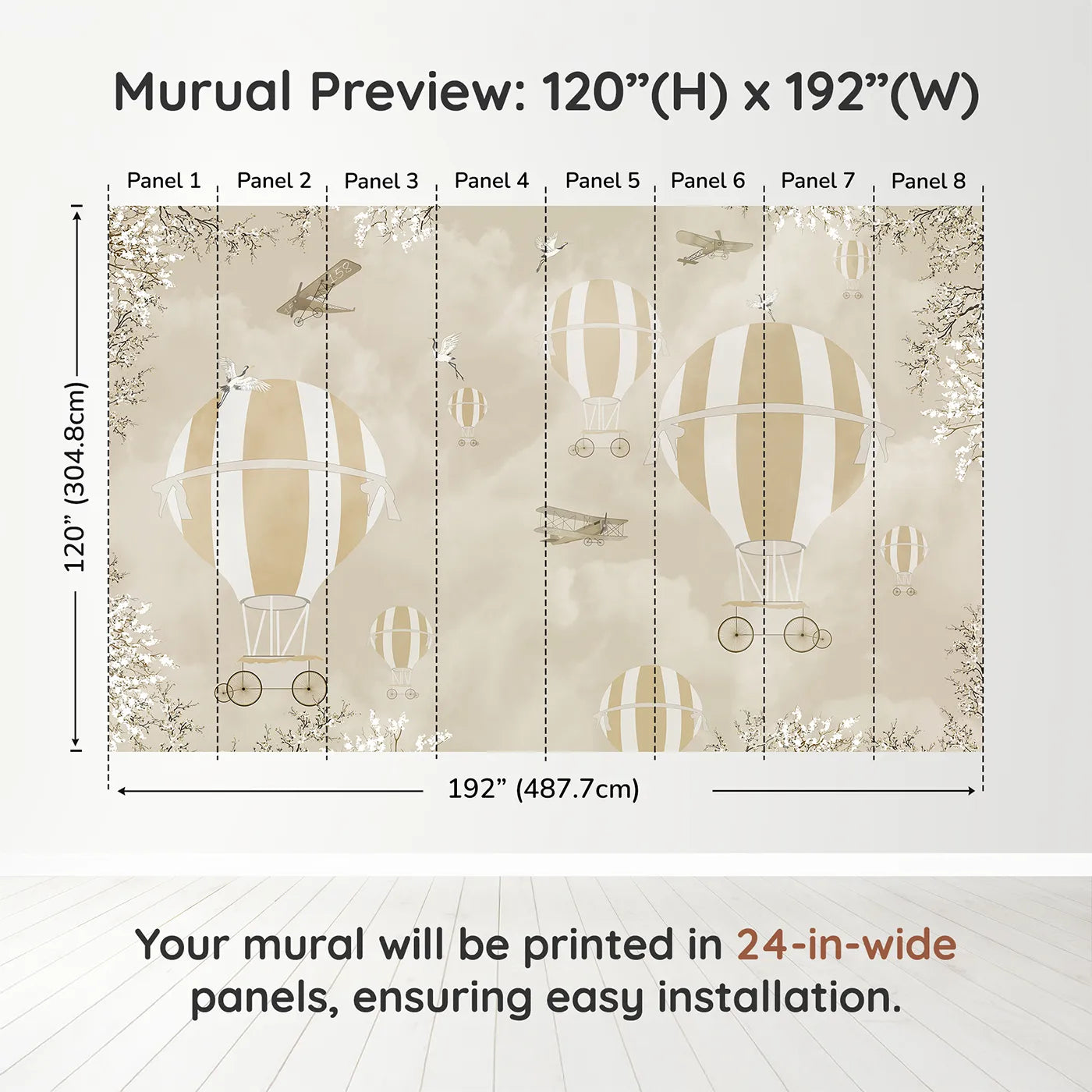 Whimsy Tots Vintage Sky Blossoms Wall Muraldimension view (120" H x 192" W). Printed in eight 24-inch-wide panels. Gender-Neutral