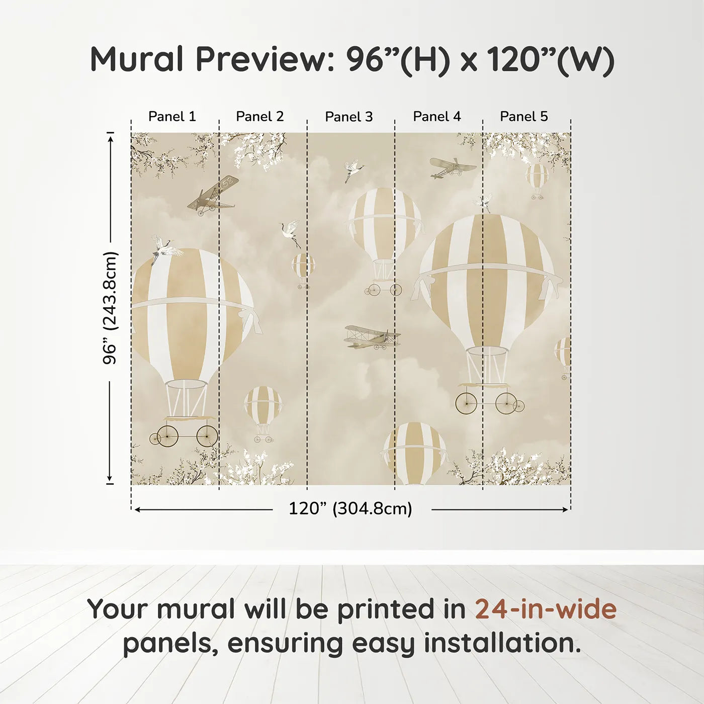 Whimsy Tots Vintage Sky Blossoms Wall Muraldimension view (96" H x 120" W). Printed in five 24-inch-wide panels. Gender-Neutral