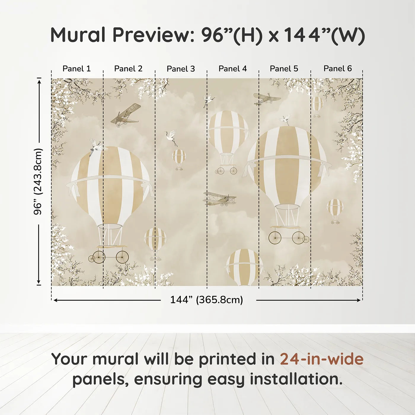 Whimsy Tots Vintage Sky Blossoms Wall Muraldimension view (96" H x 144" W). Printed in six 24-inch-wide panels. Gender-Neutral