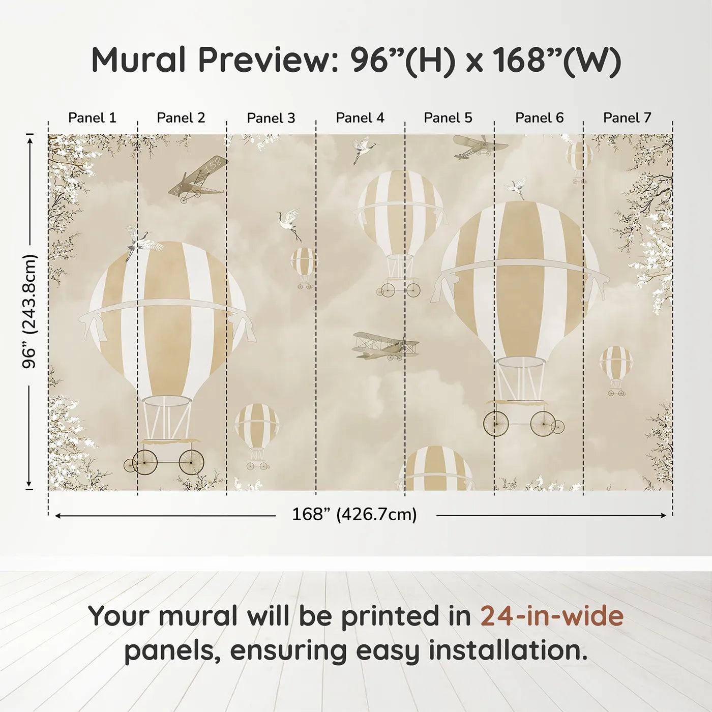 Whimsy Tots Vintage Sky Blossoms Wall Muraldimension view (96" H x 168" W). Printed in seven 24-inch-wide panels. Gender-Neutral