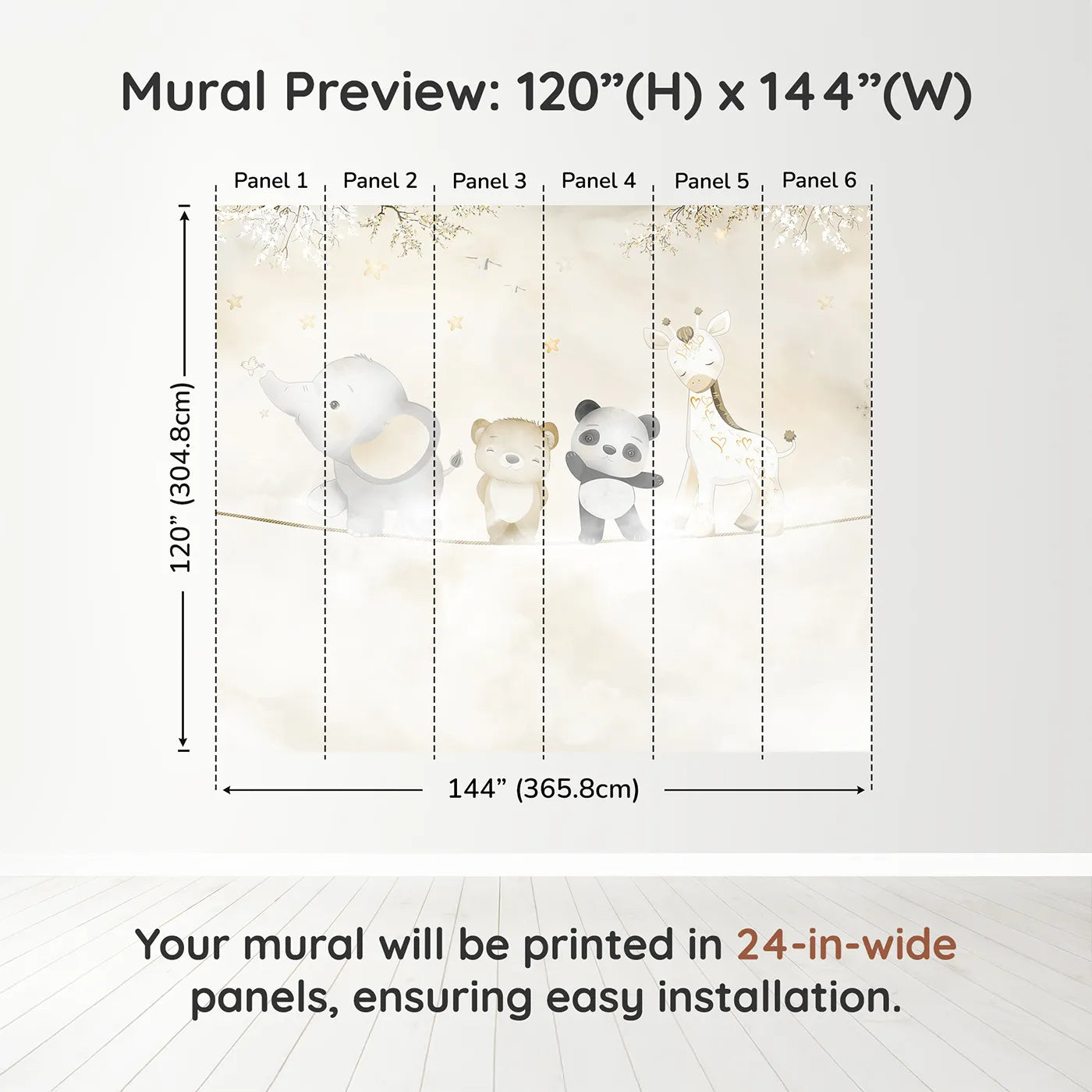 Whimsy Tots Safari Friends on a Wire Wall Muraldimension view (120" H x 144" W). Printed in six 24-inch-wide panels. Gender-Neutral