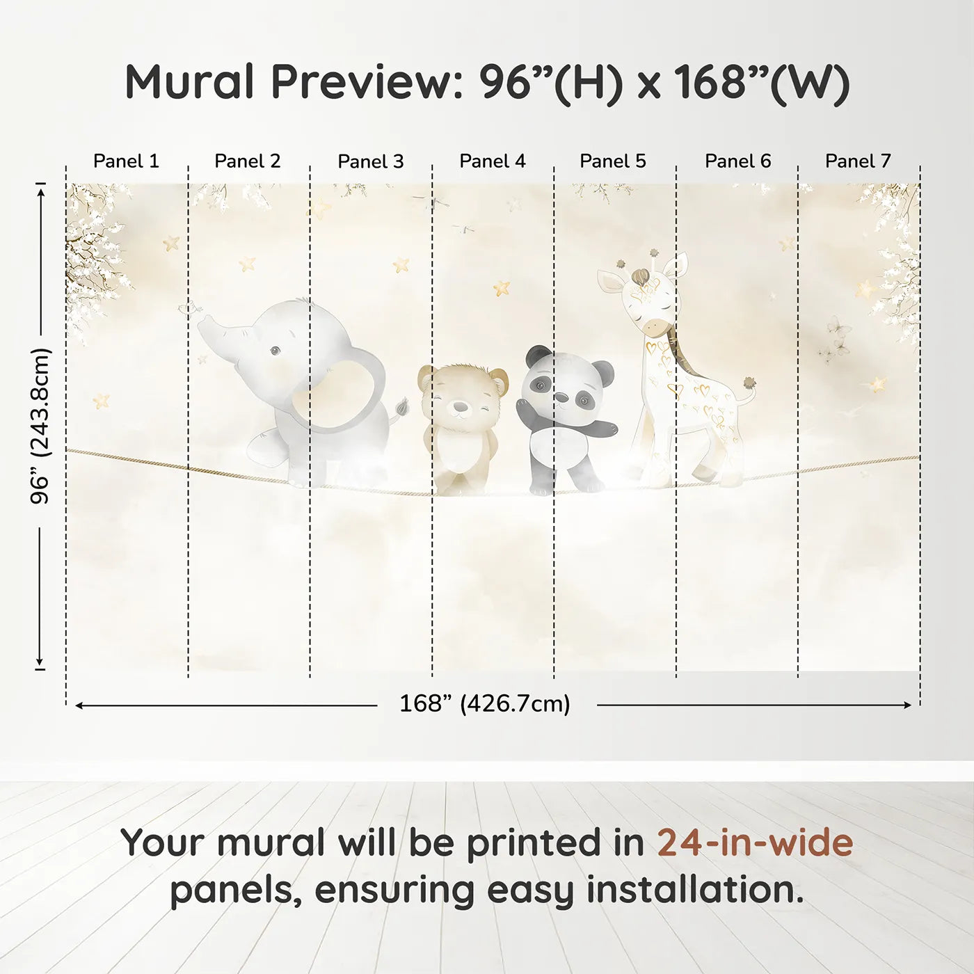 Whimsy Tots Safari Friends on a Wire Wall Muraldimension view (96" H x 168" W). Printed in seven 24-inch-wide panels. Gender-Neutral