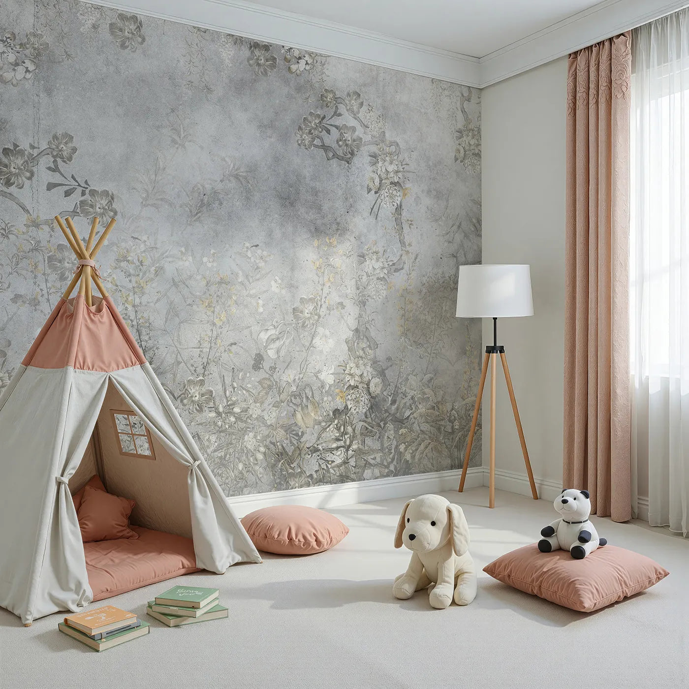 Angled view of Whimsy Tots' Vintage Chinoiserie Wall Mural (Turn Their Room into an Elegant, Faded Garden).Gender-Neutral