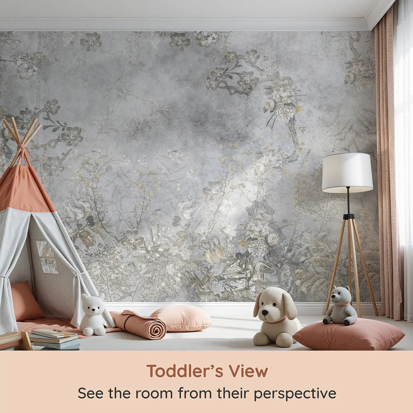 Whimsy Tots Vintage Chinoiserie Wall Mural (Turn Their Room into an Elegant, Faded Garden) from your child's view.Gender-Neutral
