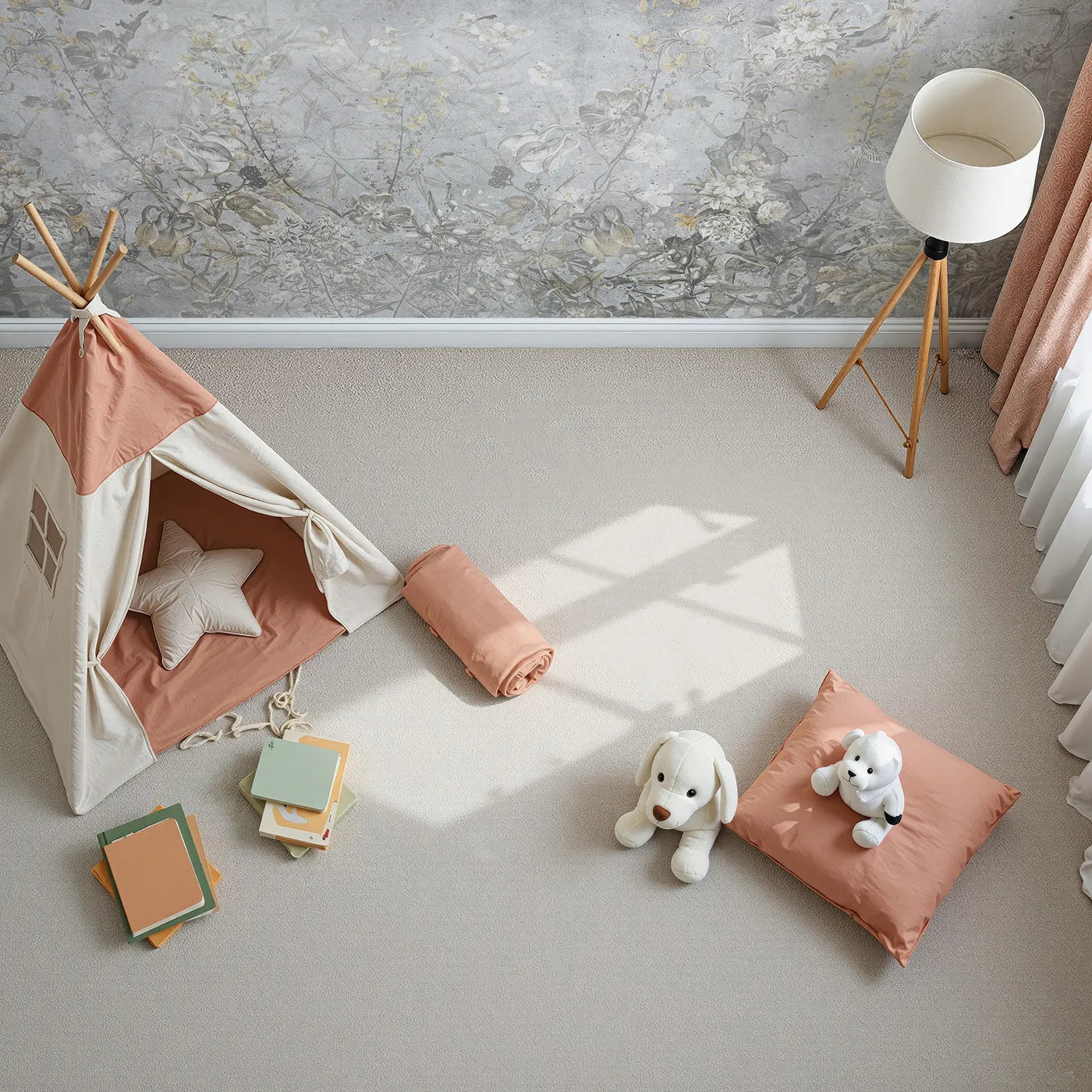 Top-down view of Whimsy Tots' Vintage Chinoiserie Wall Mural (Turn Their Room into an Elegant, Faded Garden).Gender-Neutral