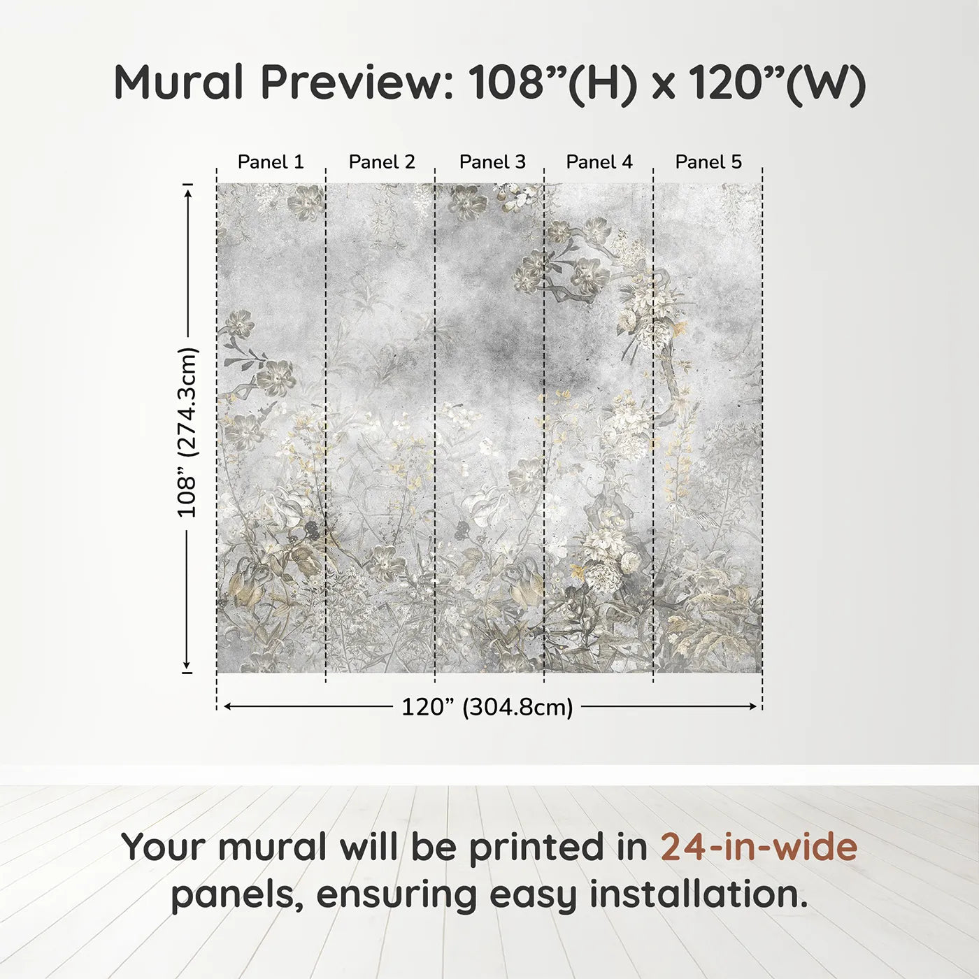 Whimsy Tots Vintage Chinoiserie Wall Muraldimension view (108" H x 120" W). Printed in five 24-inch-wide panels. Gender-Neutral