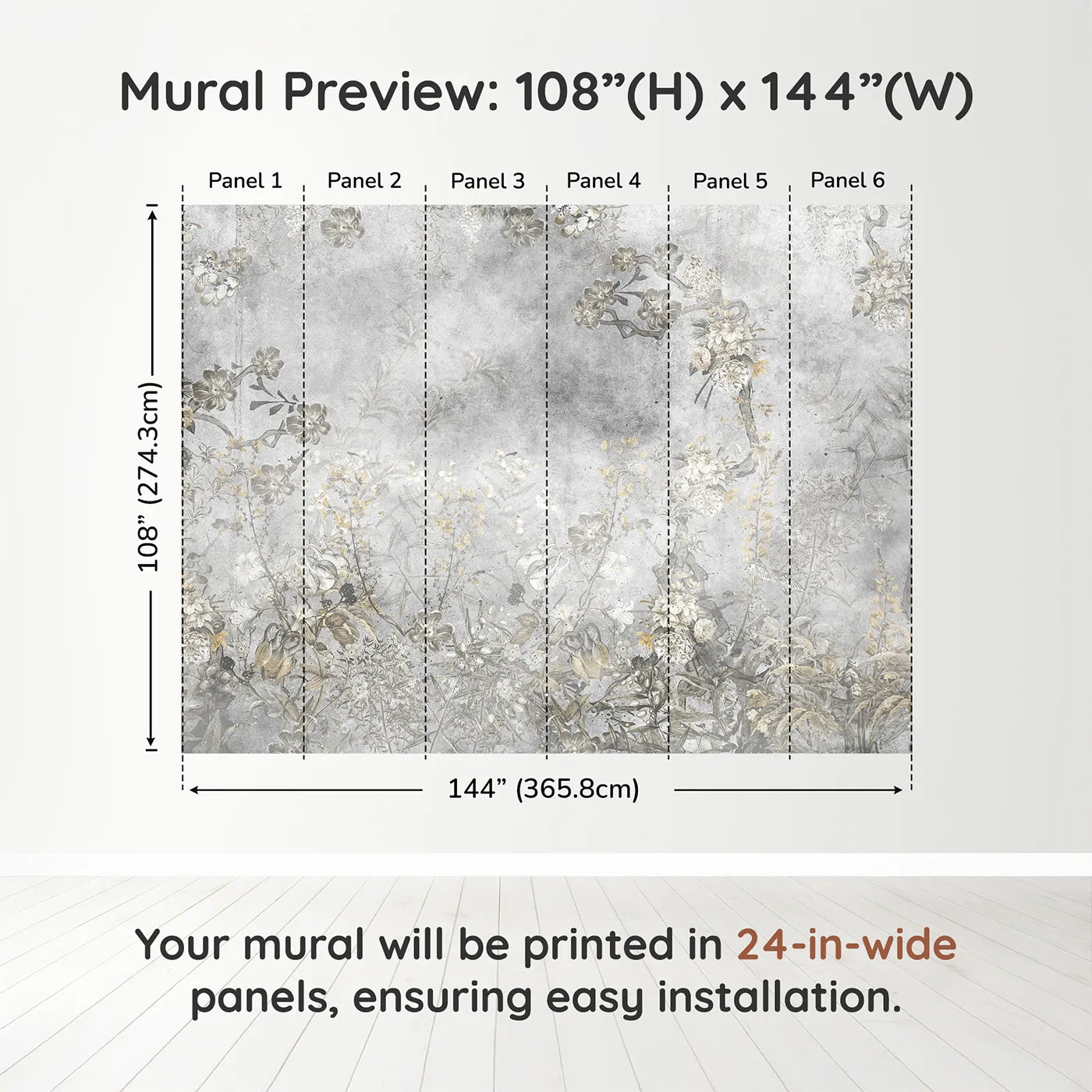 Whimsy Tots Vintage Chinoiserie Wall Muraldimension view (108" H x 144" W). Printed in six 24-inch-wide panels. Gender-Neutral