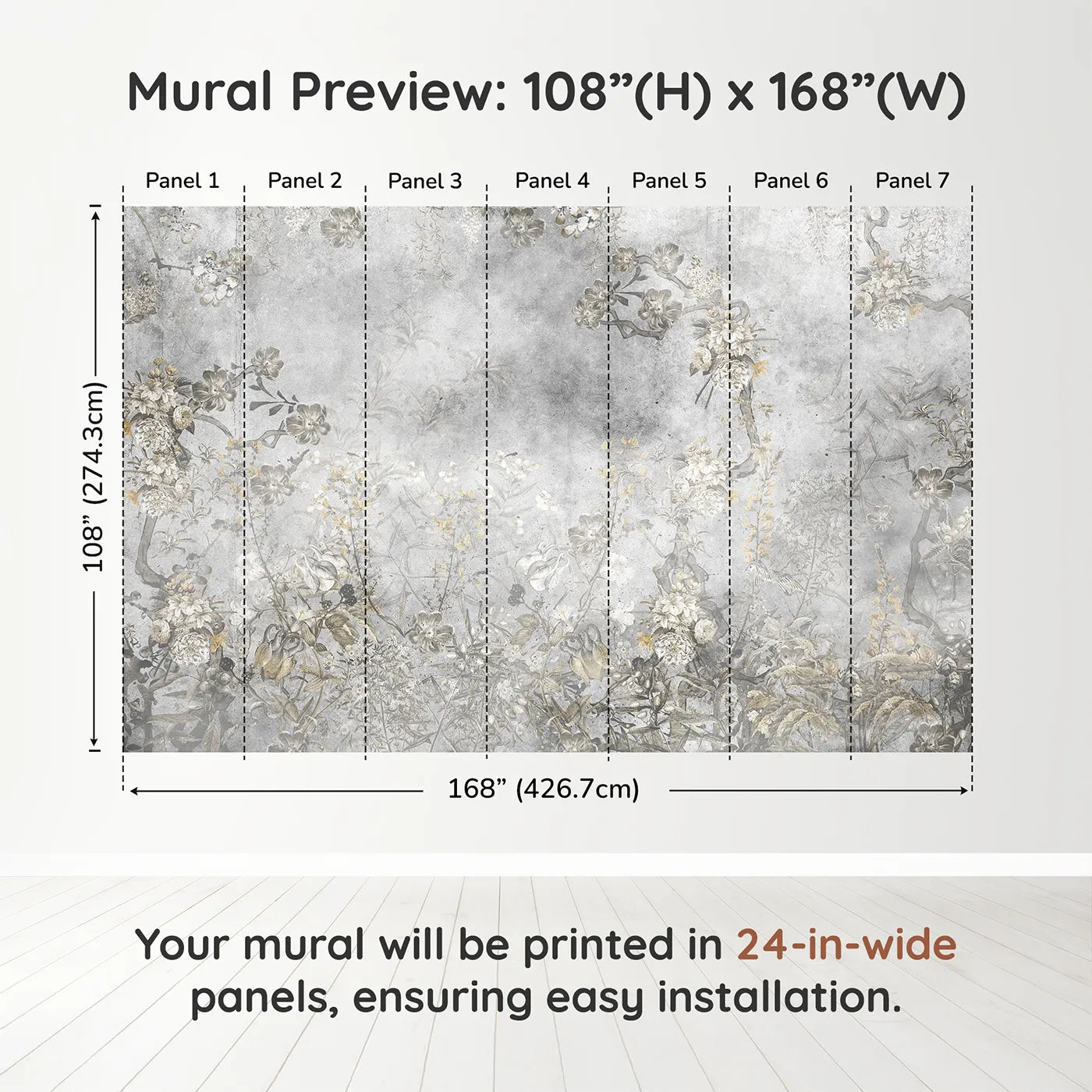 Whimsy Tots Vintage Chinoiserie Wall Muraldimension view (108" H x 168" W). Printed in seven 24-inch-wide panels. Gender-Neutral