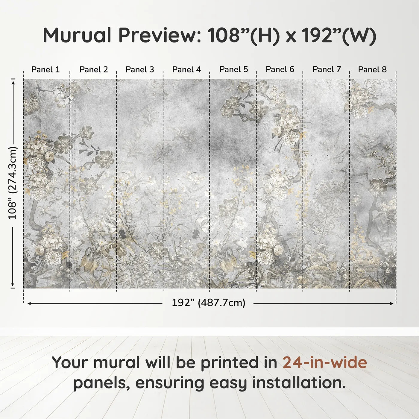 Whimsy Tots Vintage Chinoiserie Wall Muraldimension view (108" H x 192" W). Printed in eight 24-inch-wide panels. Gender-Neutral