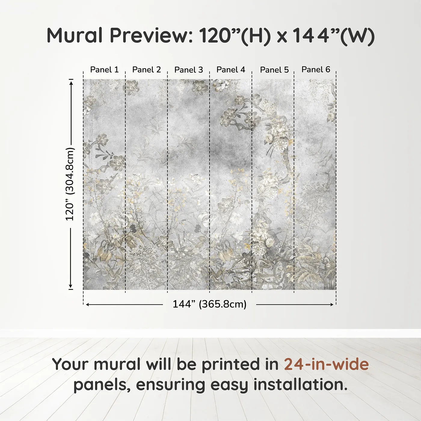 Whimsy Tots Vintage Chinoiserie Wall Muraldimension view (120" H x 144" W). Printed in six 24-inch-wide panels. Gender-Neutral