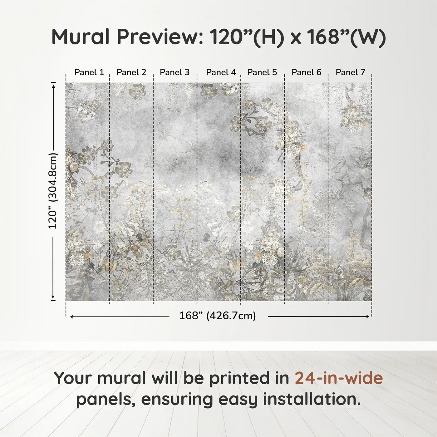 Whimsy Tots Vintage Chinoiserie Wall Muraldimension view (120" H x 168" W). Printed in seven 24-inch-wide panels. Gender-Neutral