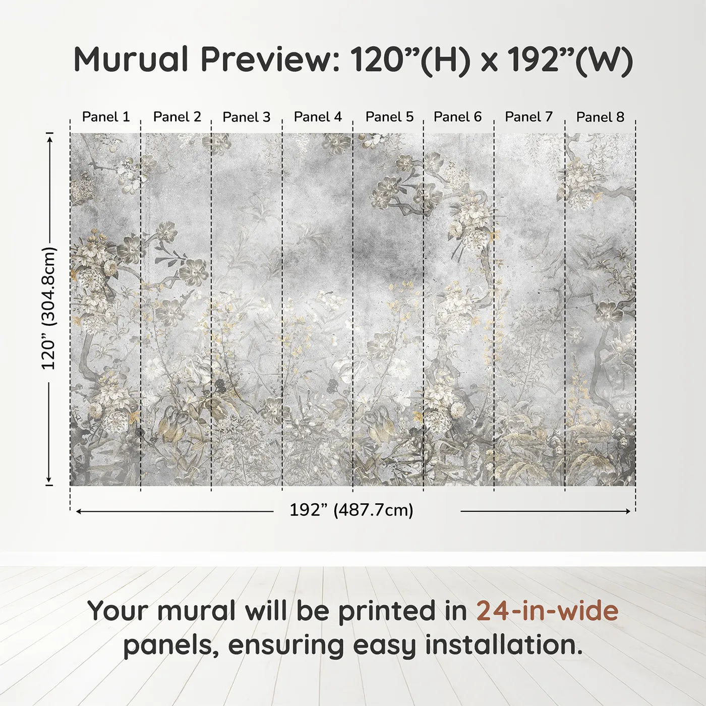 Whimsy Tots Vintage Chinoiserie Wall Muraldimension view (120" H x 192" W). Printed in eight 24-inch-wide panels. Gender-Neutral