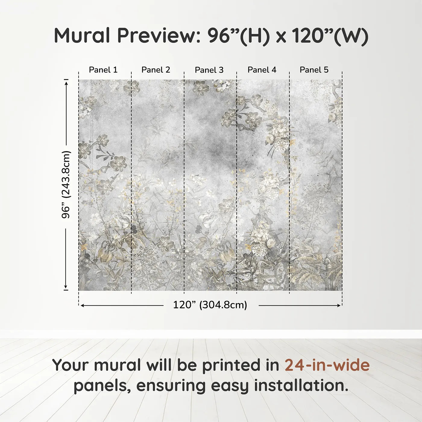 Whimsy Tots Vintage Chinoiserie Wall Muraldimension view (96" H x 120" W). Printed in five 24-inch-wide panels. Gender-Neutral