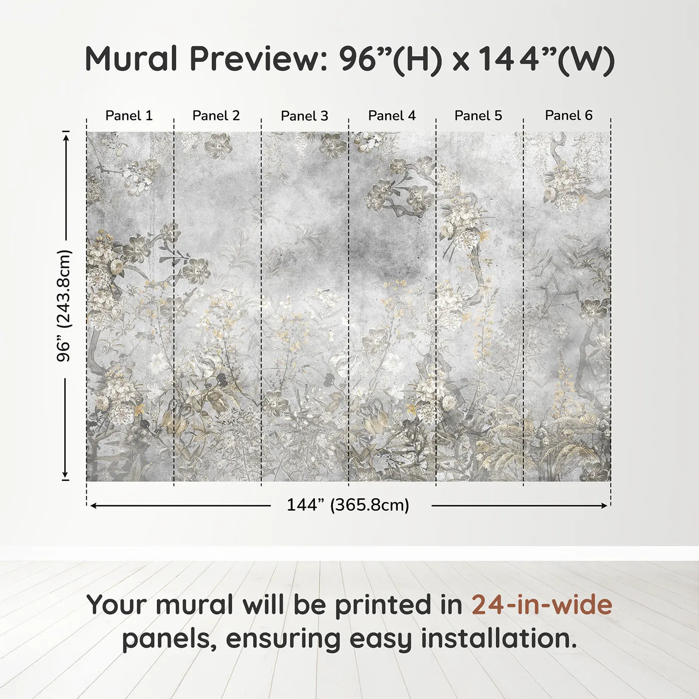 Whimsy Tots Vintage Chinoiserie Wall Muraldimension view (96" H x 144" W). Printed in six 24-inch-wide panels. Gender-Neutral