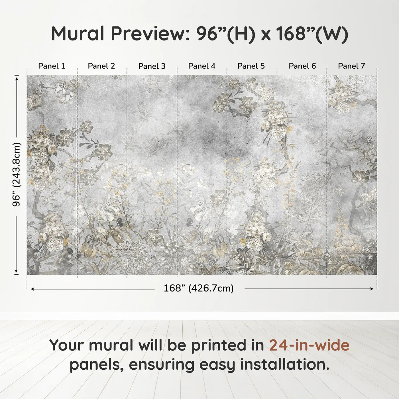 Whimsy Tots Vintage Chinoiserie Wall Muraldimension view (96" H x 168" W). Printed in seven 24-inch-wide panels. Gender-Neutral