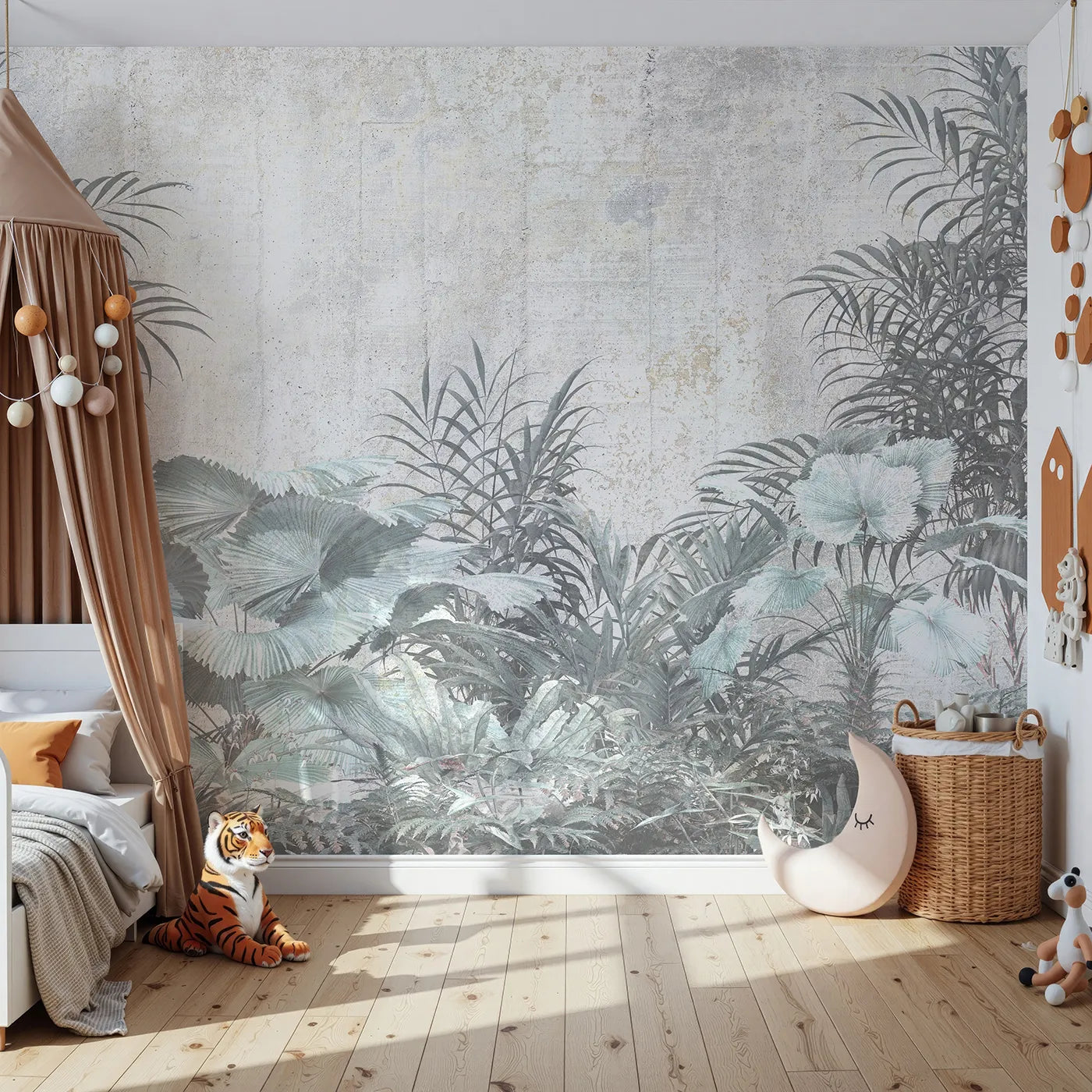 Front view of Whimsy Tots' Muted Tropical Plants Wall Mural