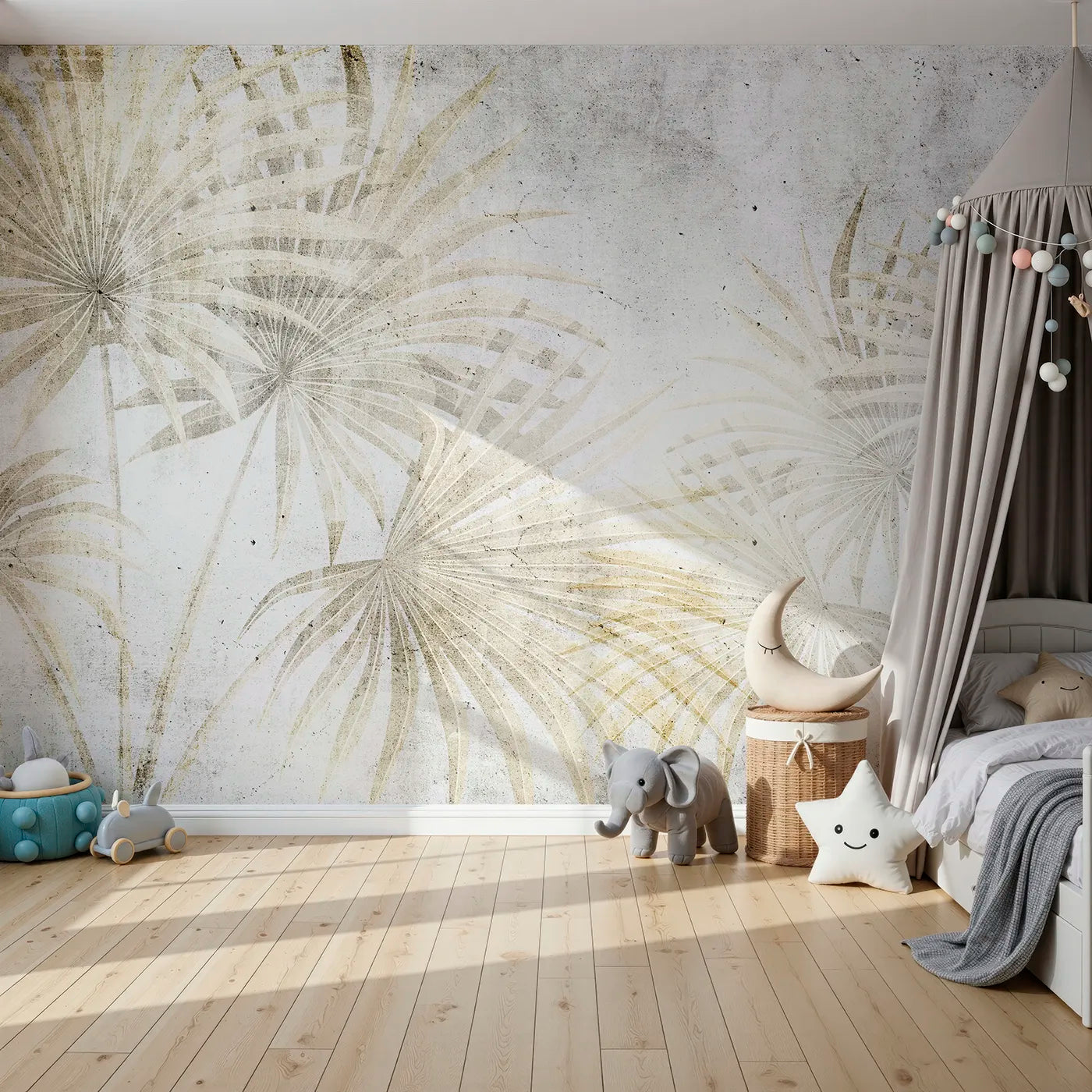 Front view of Whimsy Tots' Golden Fan Palms Wall Mural