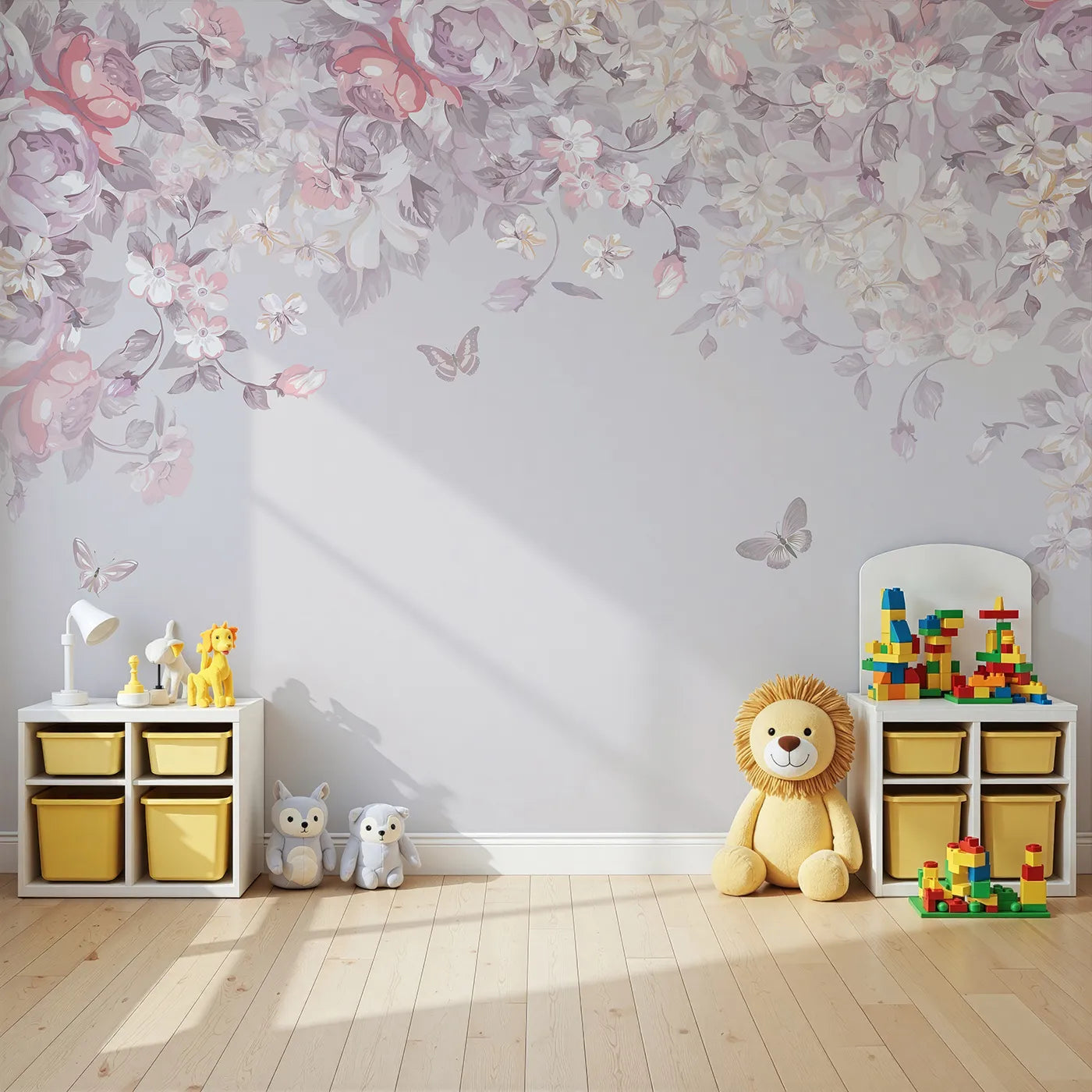 Angled view of Whimsy Tots' Pastel Floral Canopy Wall Mural (Turn Their Room into a Dreamy, Romantic Flower Garden).Best for Girls