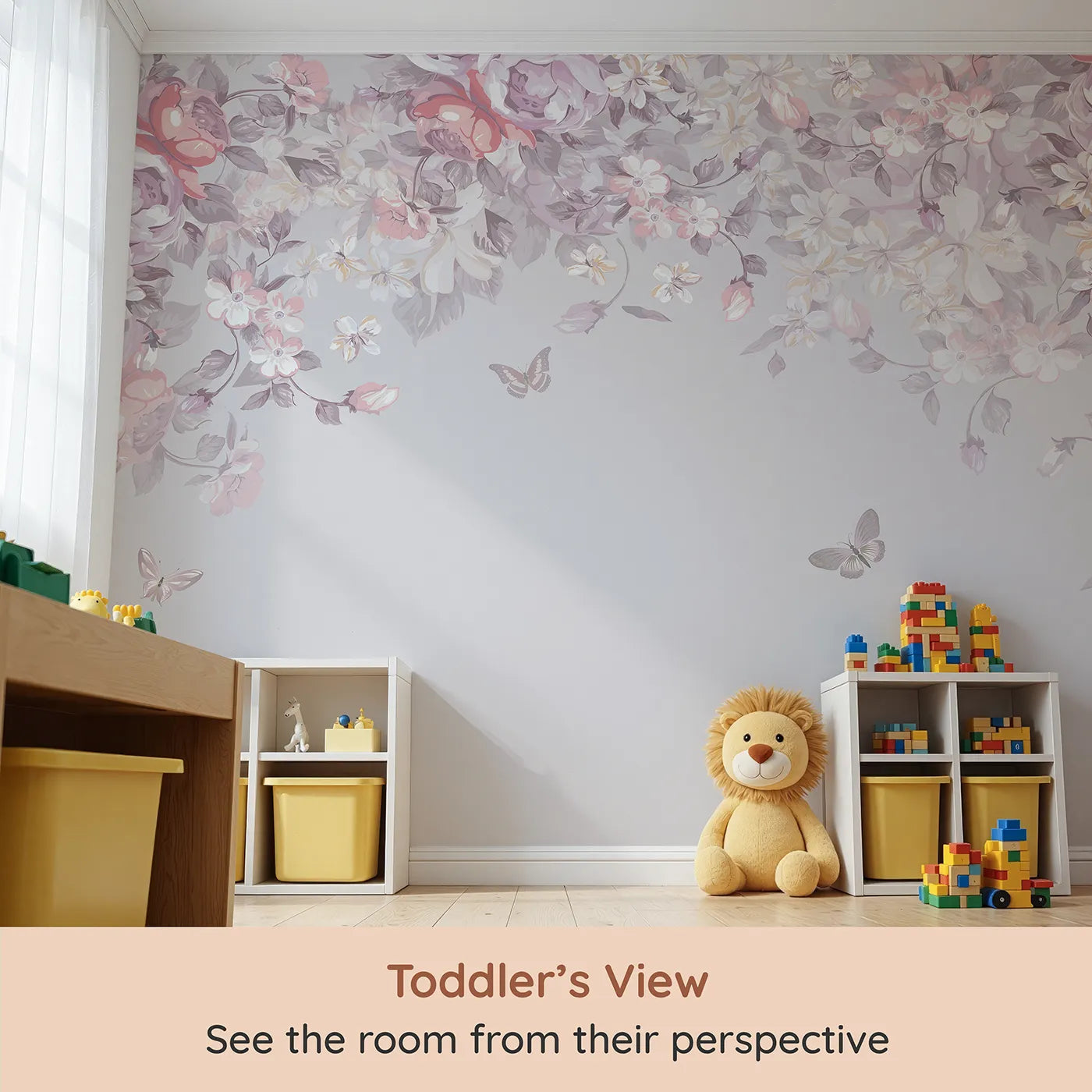 Whimsy Tots Pastel Floral Canopy Wall Mural (Turn Their Room into a Dreamy, Romantic Flower Garden) from your child's view.Best for Girls