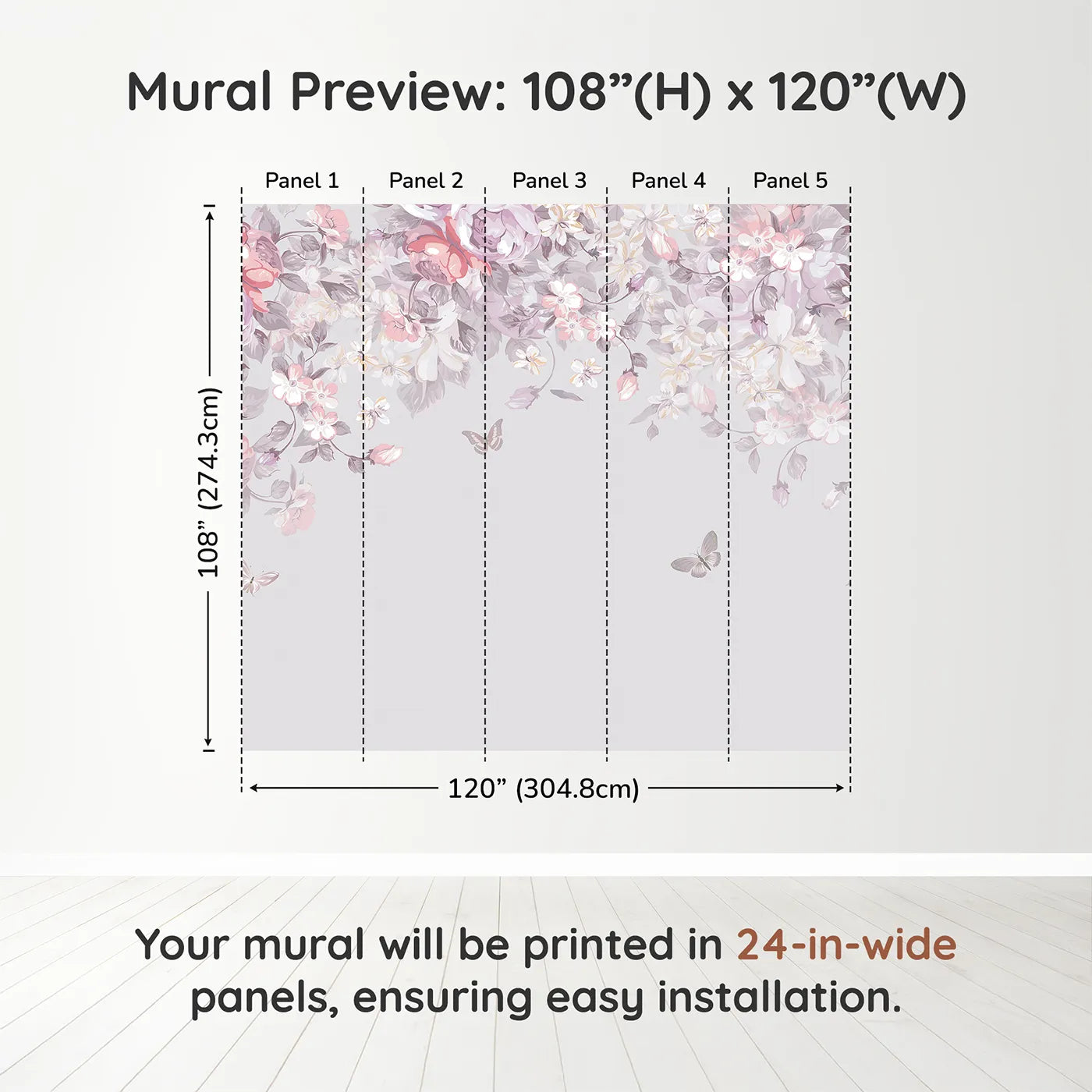 Whimsy Tots Pastel Floral Canopy Wall Muraldimension view (108" H x 120" W). Printed in five 24-inch-wide panels. Best for Girls