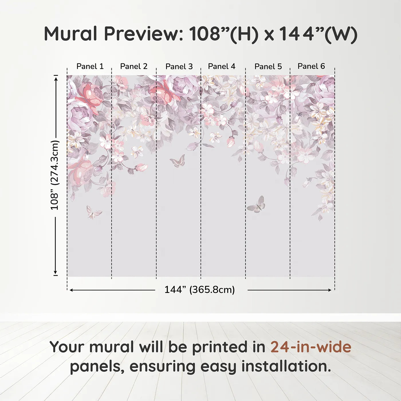 Whimsy Tots Pastel Floral Canopy Wall Muraldimension view (108" H x 144" W). Printed in six 24-inch-wide panels. Best for Girls