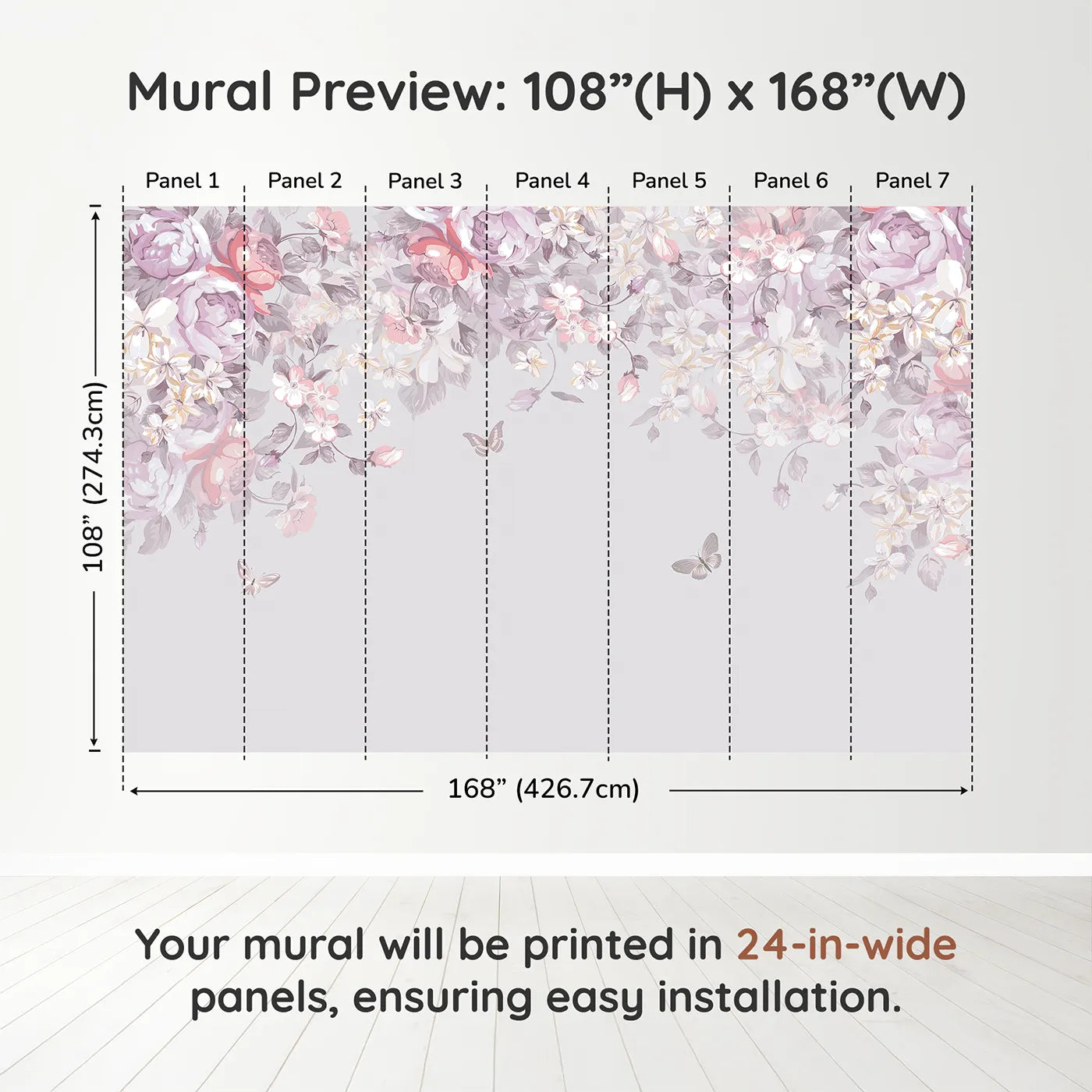 Whimsy Tots Pastel Floral Canopy Wall Muraldimension view (108" H x 168" W). Printed in seven 24-inch-wide panels. Best for Girls