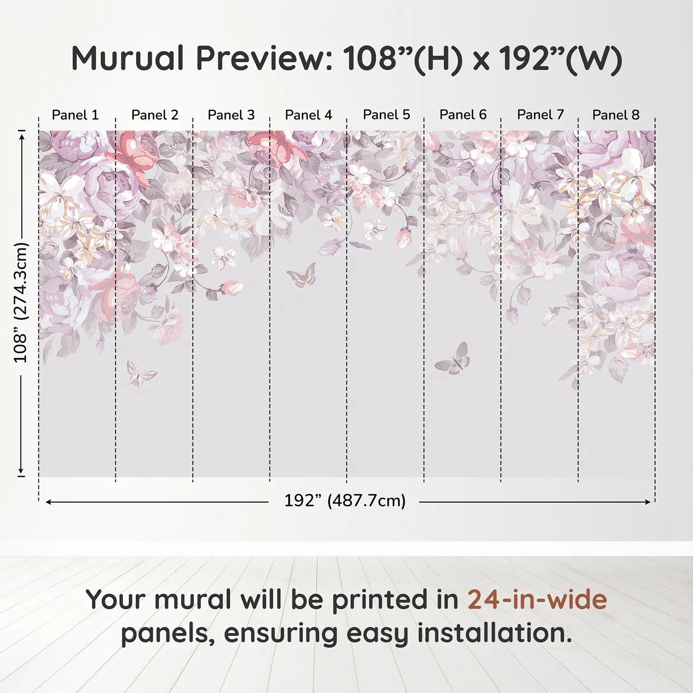 Whimsy Tots Pastel Floral Canopy Wall Muraldimension view (108" H x 192" W). Printed in eight 24-inch-wide panels. Best for Girls