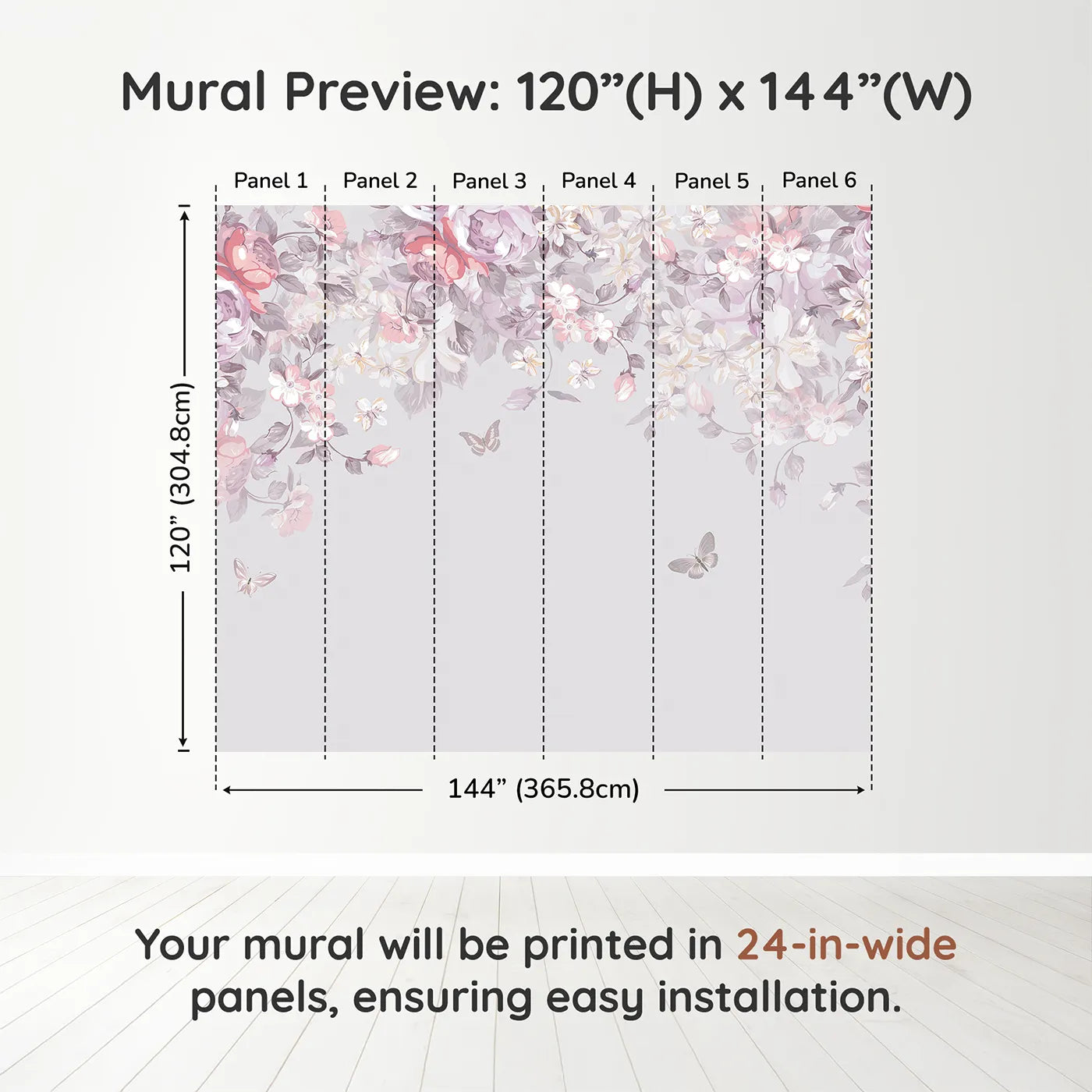 Whimsy Tots Pastel Floral Canopy Wall Muraldimension view (120" H x 144" W). Printed in six 24-inch-wide panels. Best for Girls