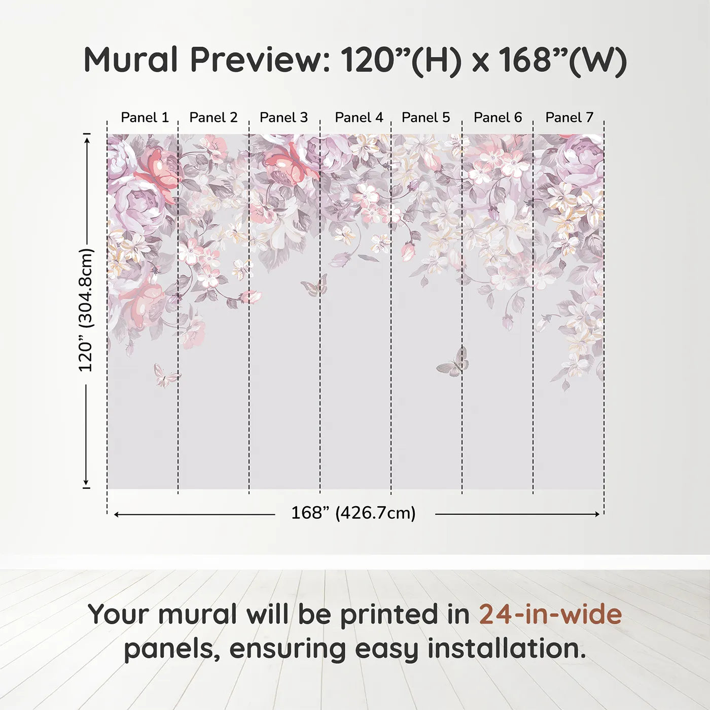 Whimsy Tots Pastel Floral Canopy Wall Muraldimension view (120" H x 168" W). Printed in seven 24-inch-wide panels. Best for Girls