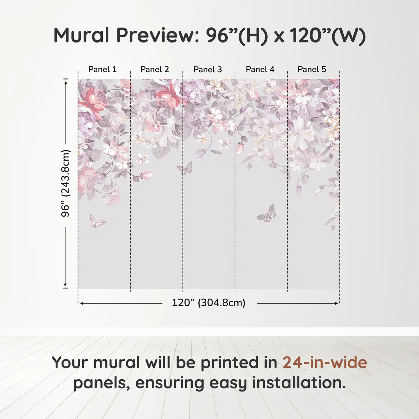 Whimsy Tots Pastel Floral Canopy Wall Muraldimension view (96" H x 120" W). Printed in five 24-inch-wide panels. Best for Girls