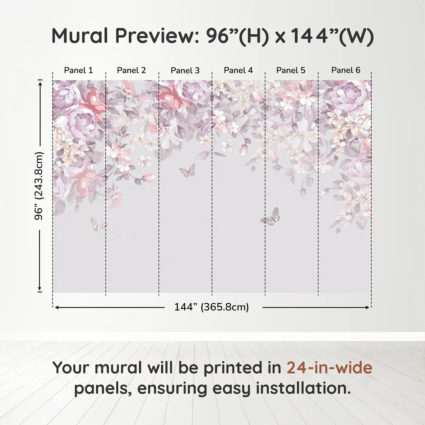 Whimsy Tots Pastel Floral Canopy Wall Muraldimension view (96" H x 144" W). Printed in six 24-inch-wide panels. Best for Girls