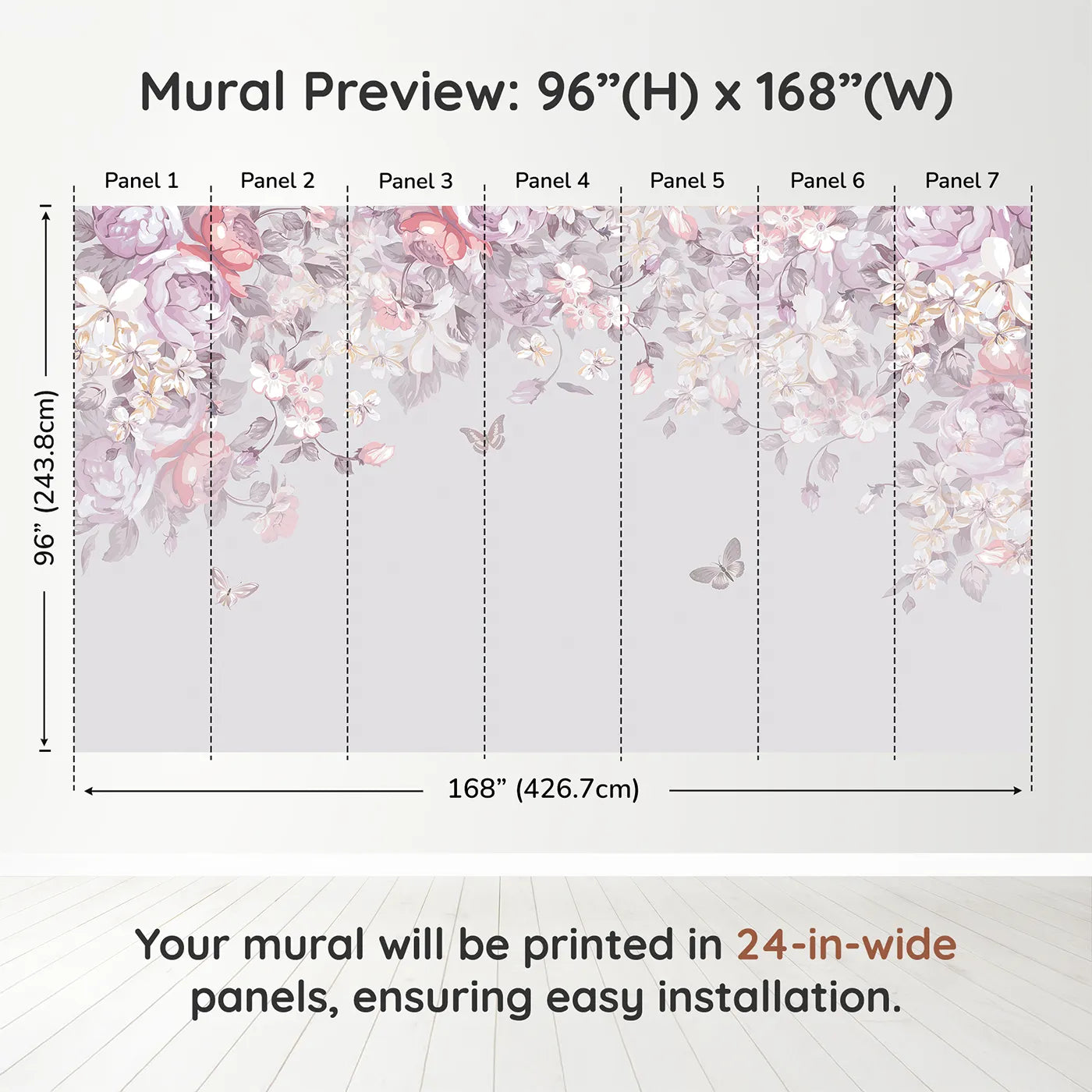 Whimsy Tots Pastel Floral Canopy Wall Muraldimension view (96" H x 168" W). Printed in seven 24-inch-wide panels. Best for Girls