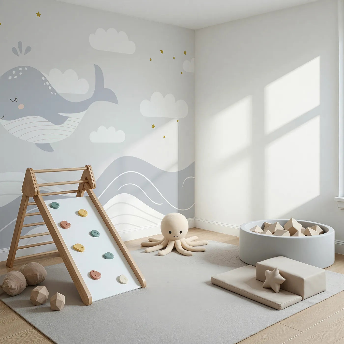 Angled view of Whimsy Tots' Sleepy Whale in the Clouds Wall Mural (Turn Their Room into a Gentle, Dreamy Sky-Ocean).Gender-Neutral