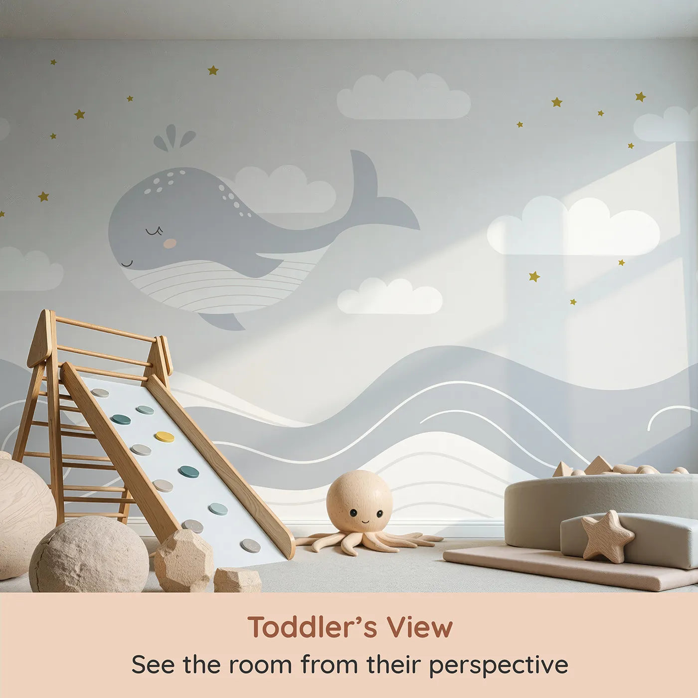 Whimsy Tots Sleepy Whale in the Clouds Wall Mural (Turn Their Room into a Gentle, Dreamy Sky-Ocean) from your child's view.Gender-Neutral