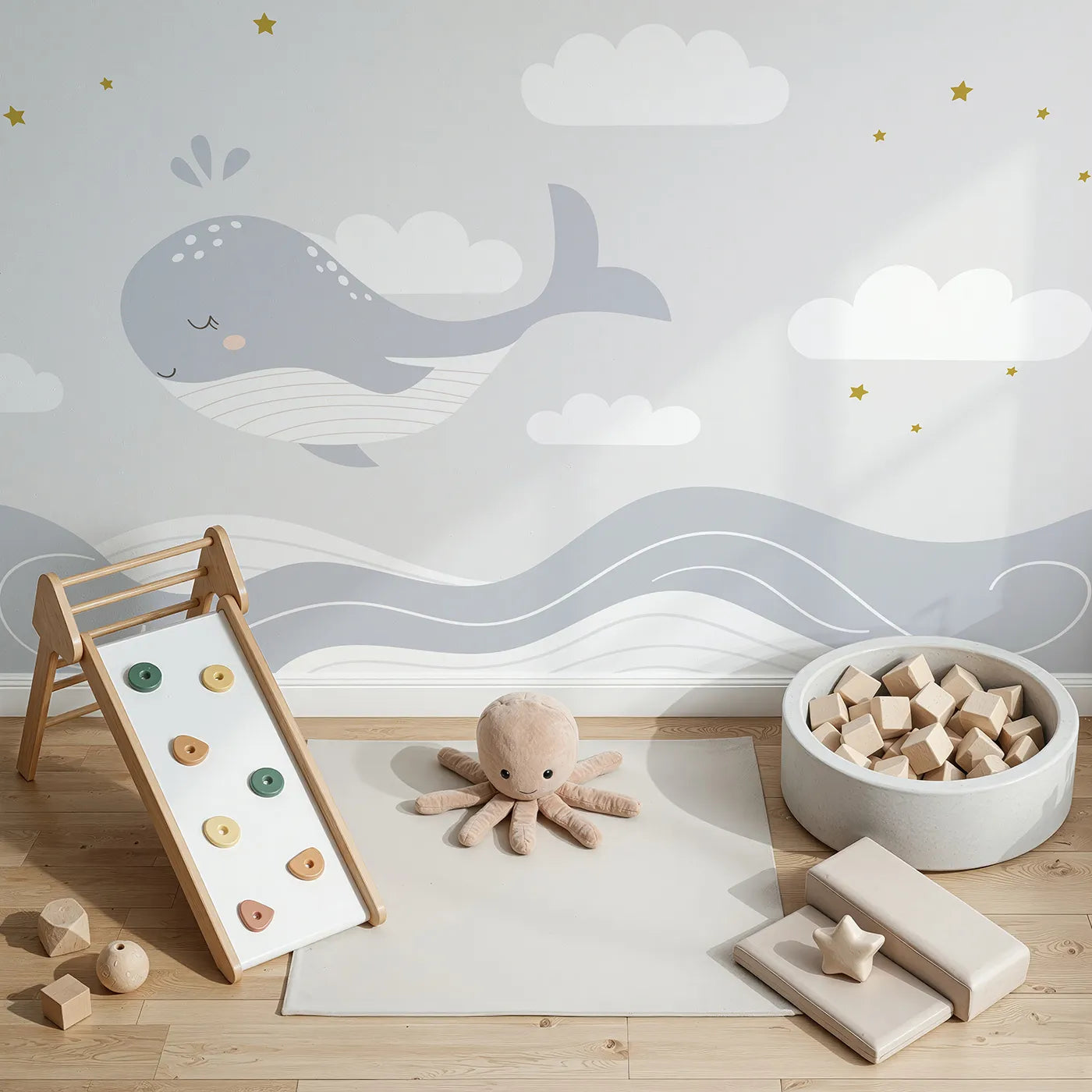 Top-down view of Whimsy Tots' Sleepy Whale in the Clouds Wall Mural (Turn Their Room into a Gentle, Dreamy Sky-Ocean).Gender-Neutral