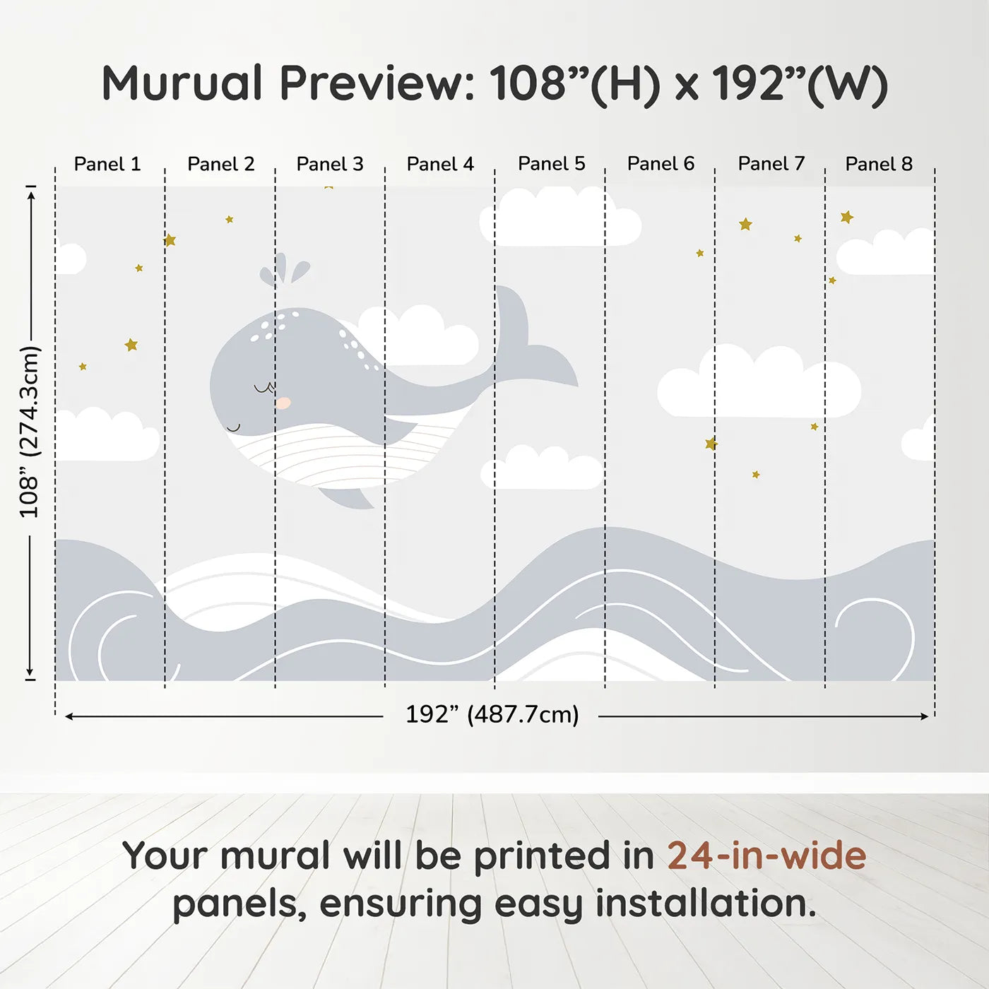 Whimsy Tots Sleepy Whale in the Clouds Wall Muraldimension view (108" H x 192" W). Printed in eight 24-inch-wide panels. Gender-Neutral