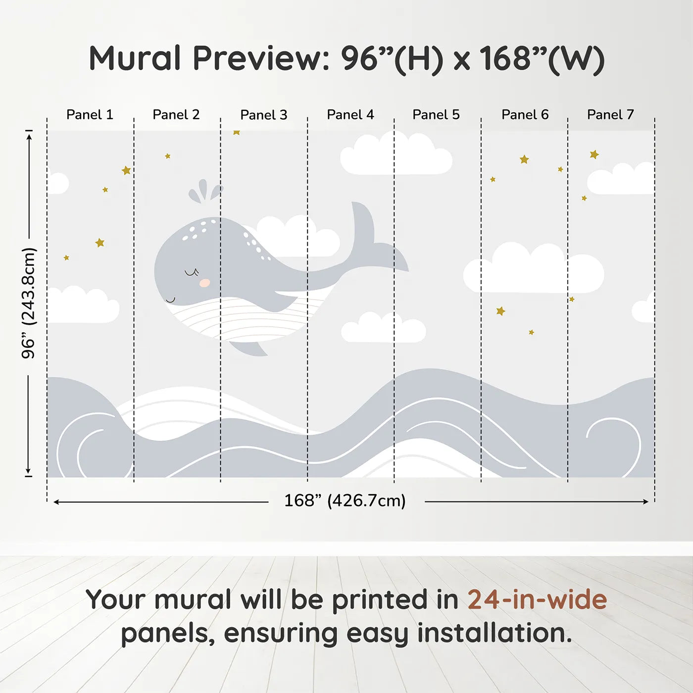 Whimsy Tots Sleepy Whale in the Clouds Wall Muraldimension view (96" H x 168" W). Printed in seven 24-inch-wide panels. Gender-Neutral