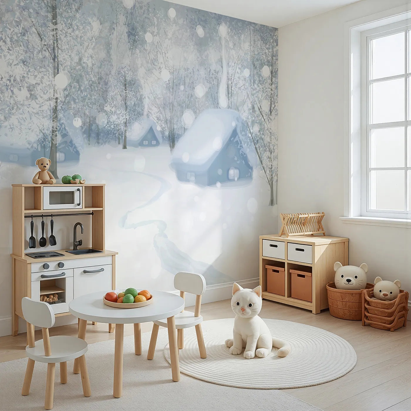 Angled view of Whimsy Tots' Snowy Winter Village Wall Mural (Turn Their Room into a Quiet, Sparkling Wonderland).Gender-Neutral