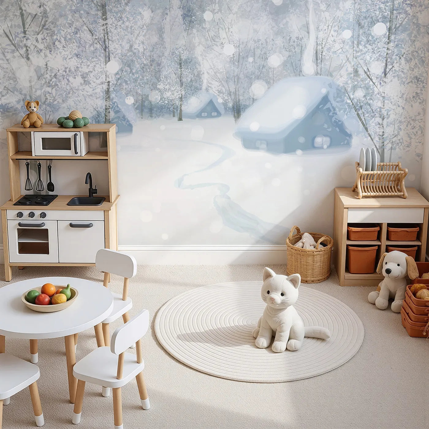Top-down view of Whimsy Tots' Snowy Winter Village Wall Mural (Turn Their Room into a Quiet, Sparkling Wonderland).Gender-Neutral