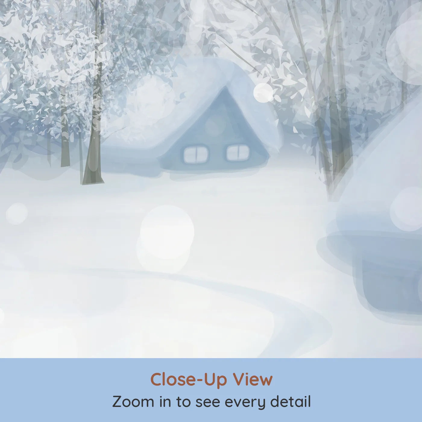 Close-up view of Whimsy Tots' Snowy Winter Village Wall Mural (Turn Their Room into a Quiet, Sparkling Wonderland).Gender-Neutral