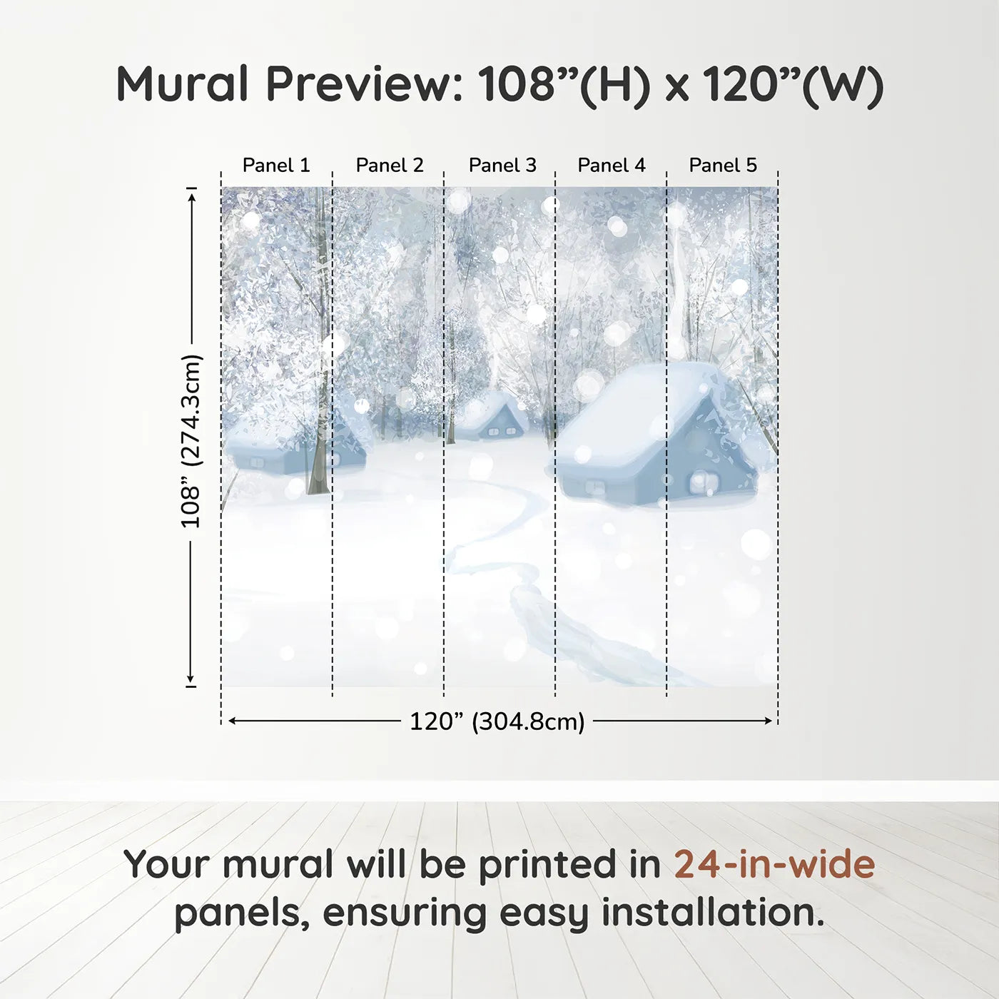 Whimsy Tots Snowy Winter Village Wall Muraldimension view (108" H x 120" W). Printed in five 24-inch-wide panels. Gender-Neutral