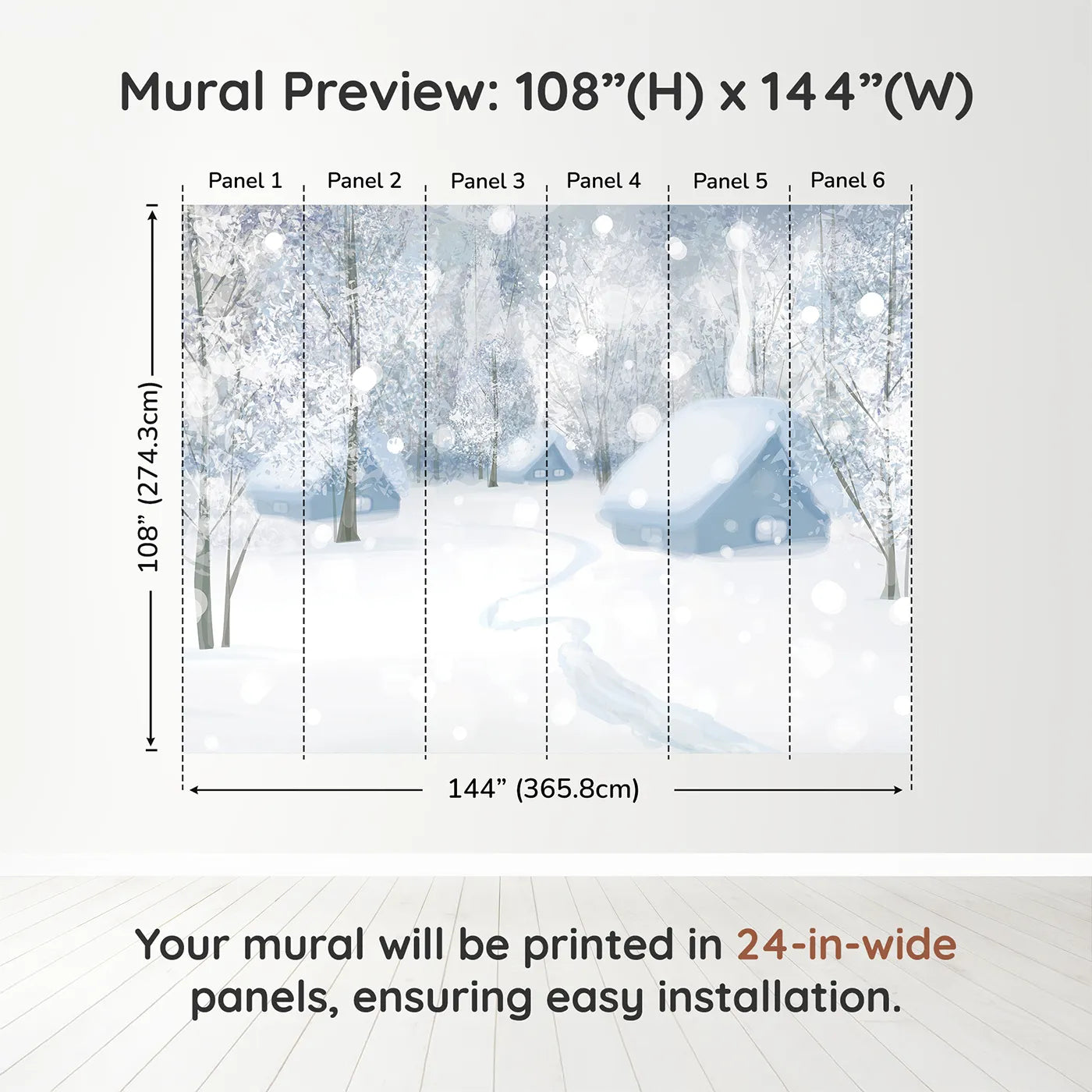 Whimsy Tots Snowy Winter Village Wall Muraldimension view (108" H x 144" W). Printed in six 24-inch-wide panels. Gender-Neutral