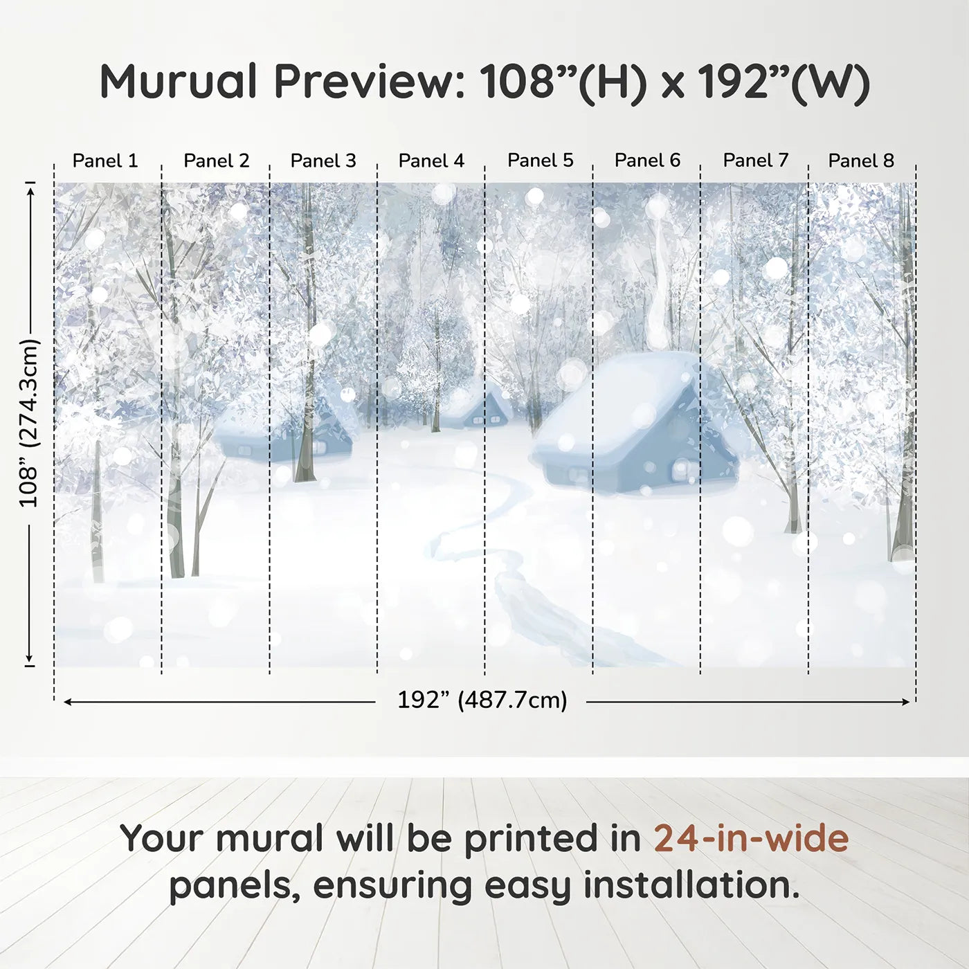 Whimsy Tots Snowy Winter Village Wall Muraldimension view (108" H x 192" W). Printed in eight 24-inch-wide panels. Gender-Neutral