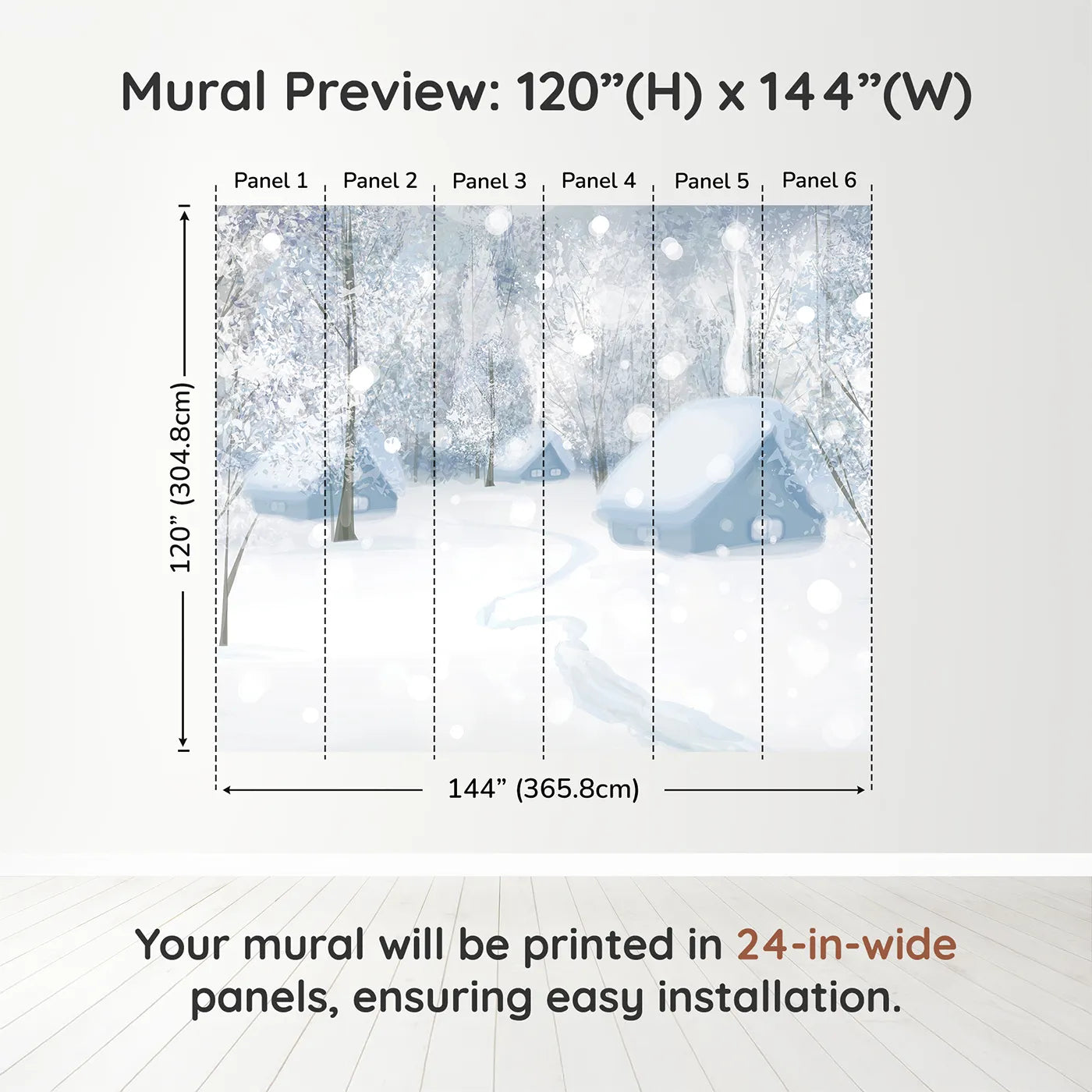 Whimsy Tots Snowy Winter Village Wall Muraldimension view (120" H x 144" W). Printed in six 24-inch-wide panels. Gender-Neutral