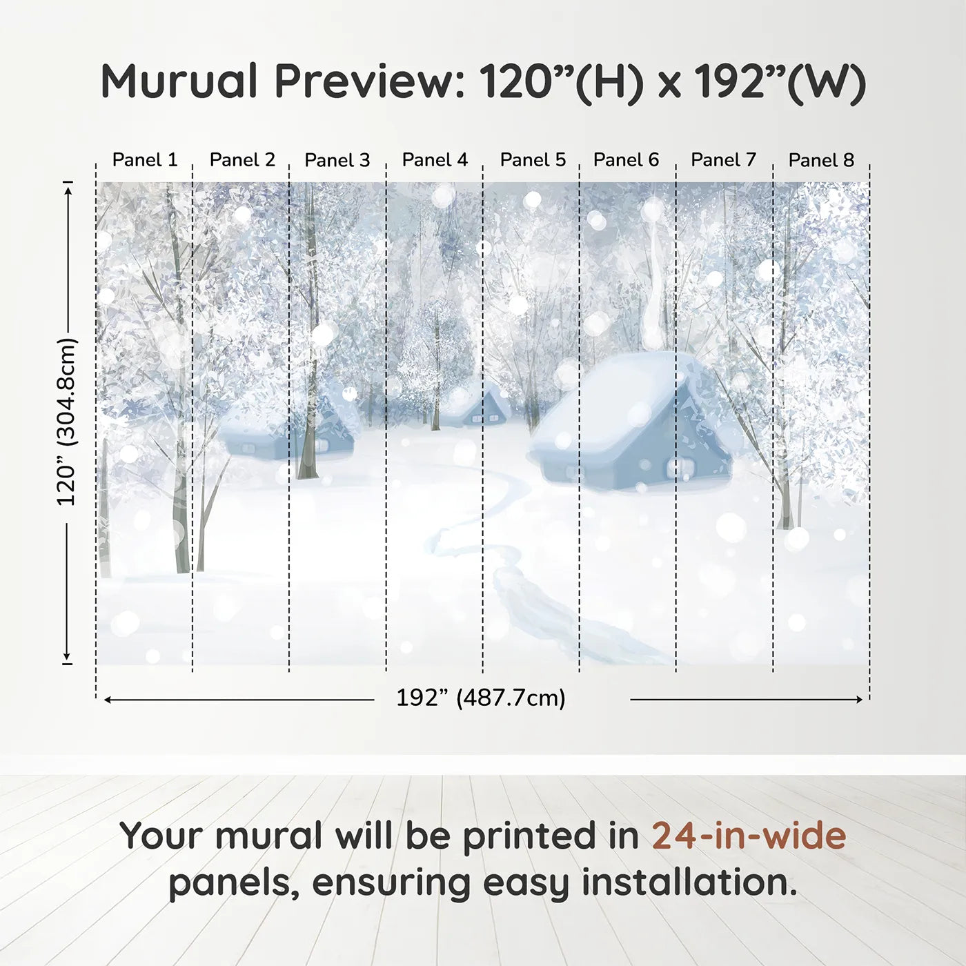 Whimsy Tots Snowy Winter Village Wall Muraldimension view (120" H x 192" W). Printed in eight 24-inch-wide panels. Gender-Neutral