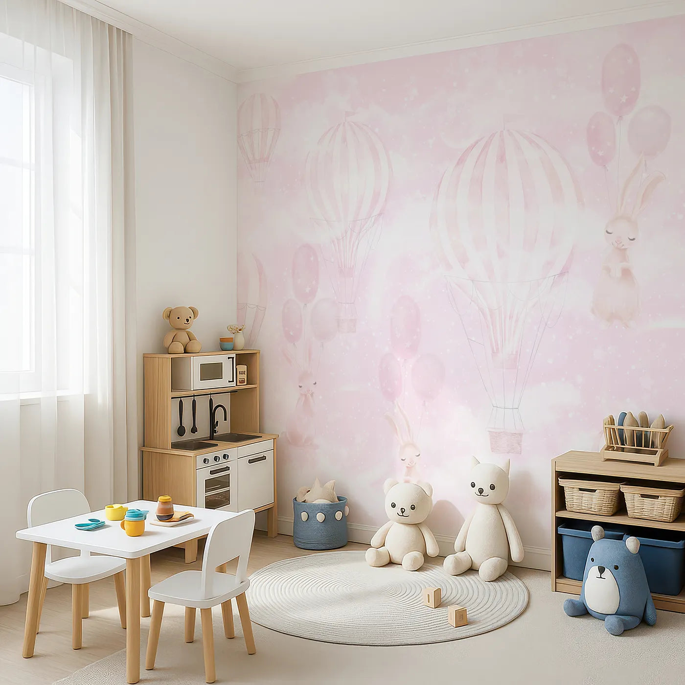 Angled view of Whimsy Tots' Pink Bunny Balloon Sky Wall Mural (Turn Their Room into the Sweetest, Dreamiest Sky Parade).Best for Girls