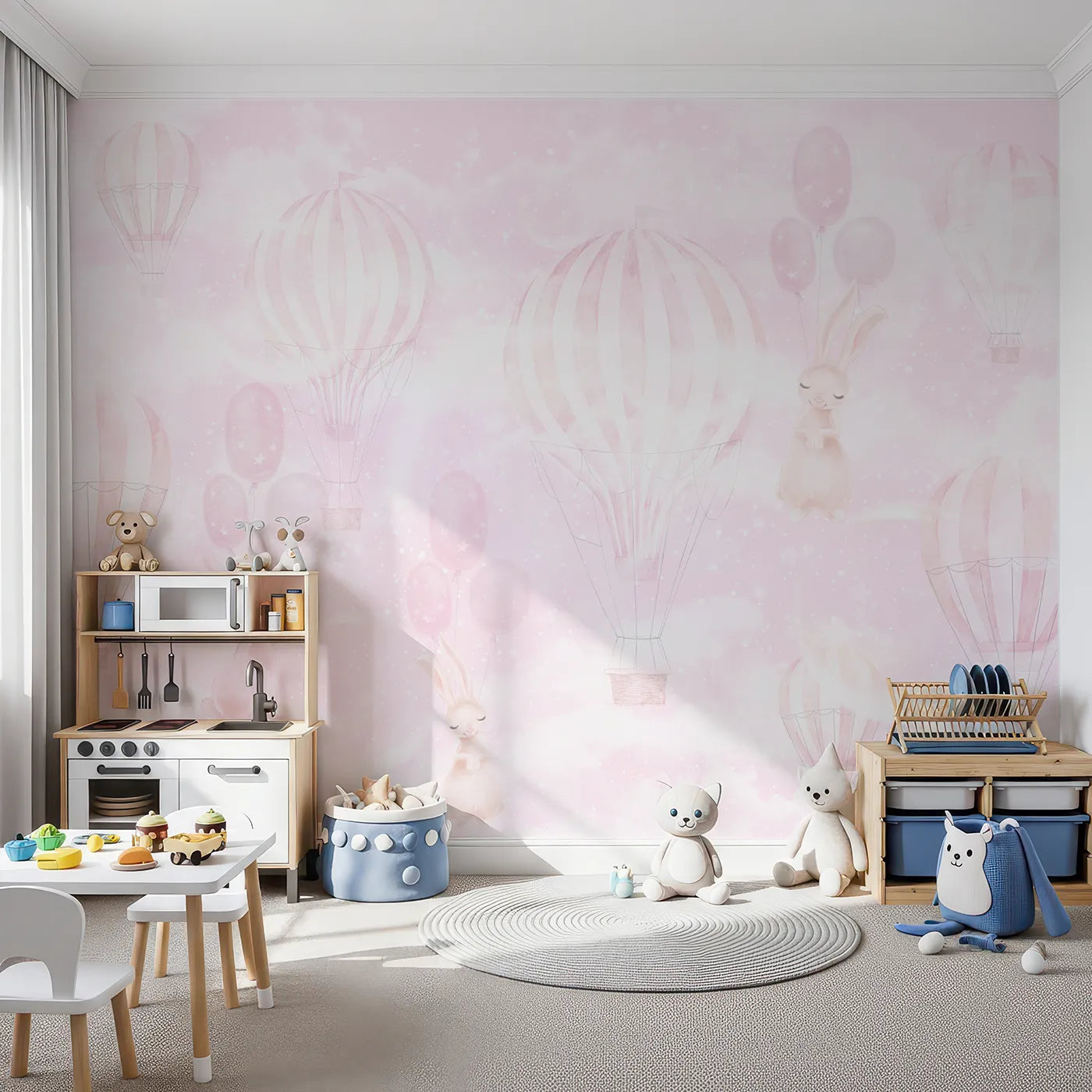Front view of Whimsy Tots' Pink Bunny Balloon Sky Wall Mural