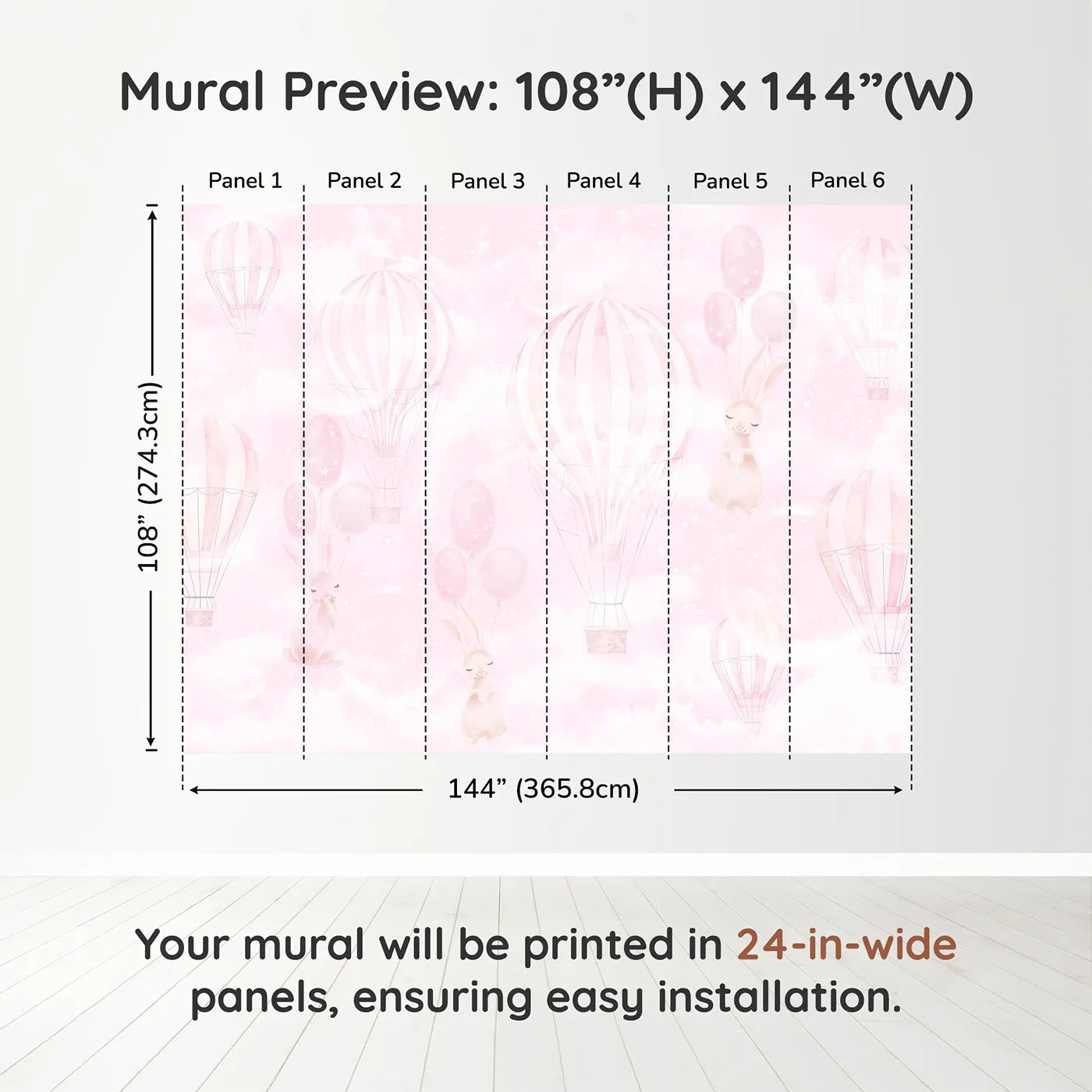 Whimsy Tots Pink Bunny Balloon Sky Wall Muraldimension view (108" H x 144" W). Printed in six 24-inch-wide panels. Best for Girls